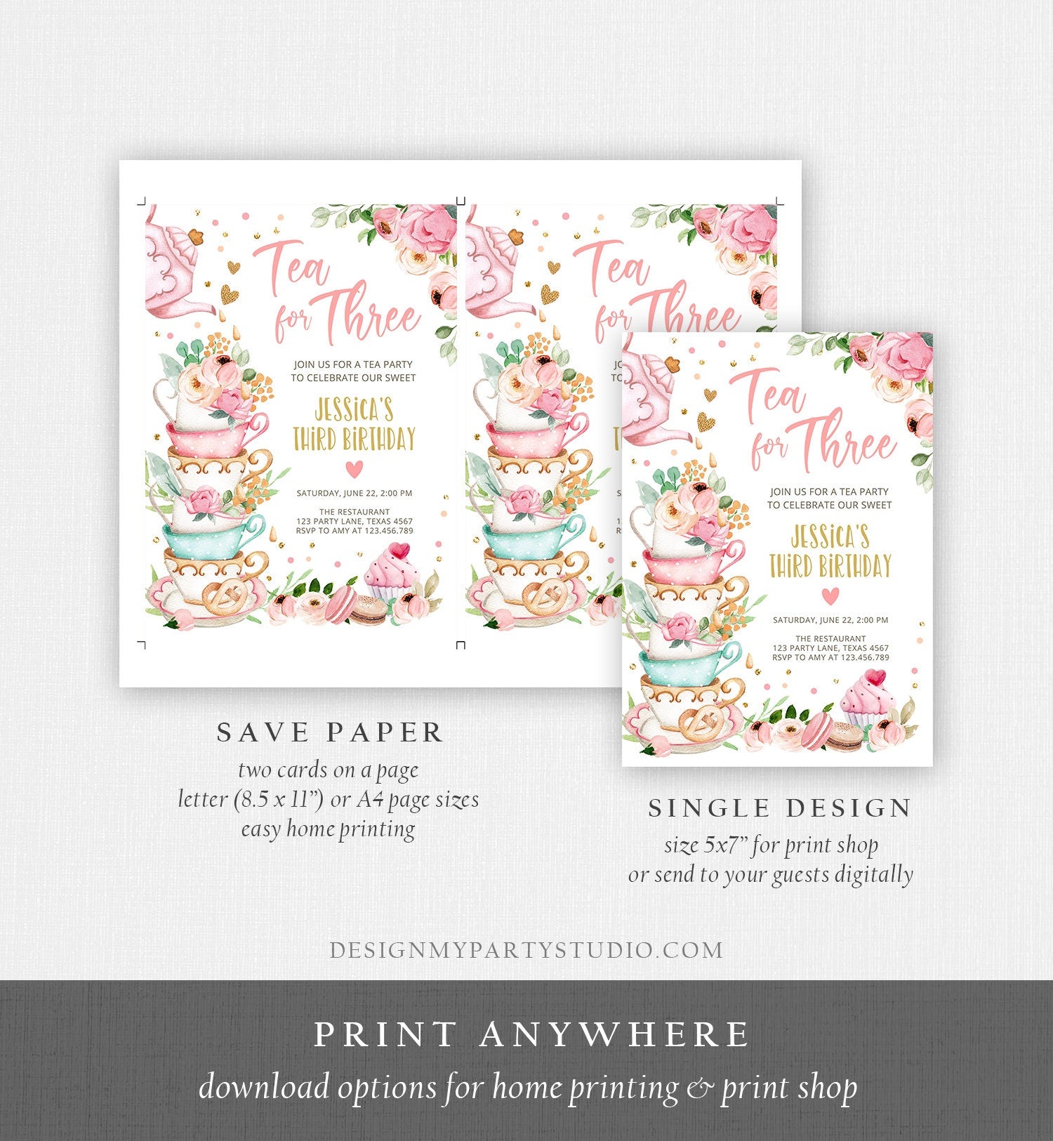 Editable Tea for Three Birthday Invitation Girl Tea Party Invite Pink Gold Floral Peach Third Birthday 3rd Corjl Template Printable 0349