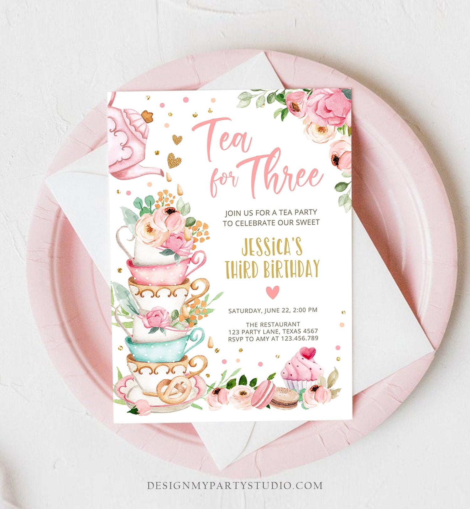 Editable Tea for Three Birthday Invitation Girl Tea Party Invite Pink Gold Floral Peach Third Birthday 3rd Corjl Template Printable 0349