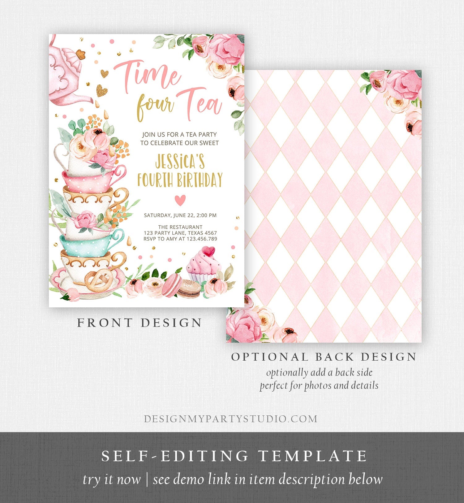 Editable Time Four Tea Birthday Invitation Girl Tea Party Invite Pink Gold Floral Peach Fourth Birthday 4th Corjl Template Printable 0349