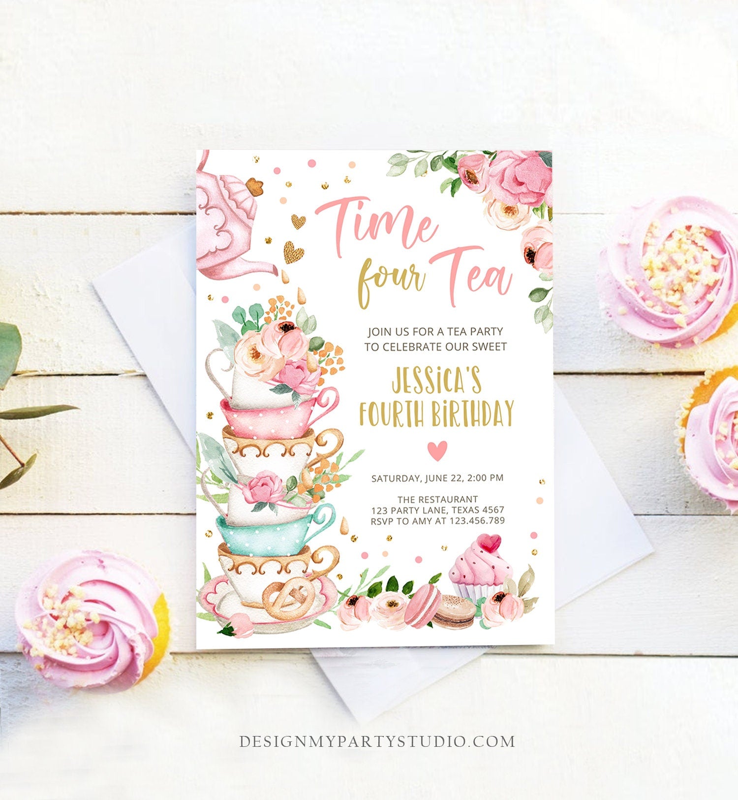 Editable Time Four Tea Birthday Invitation Girl Tea Party Invite Pink Gold Floral Peach Fourth Birthday 4th Corjl Template Printable 0349