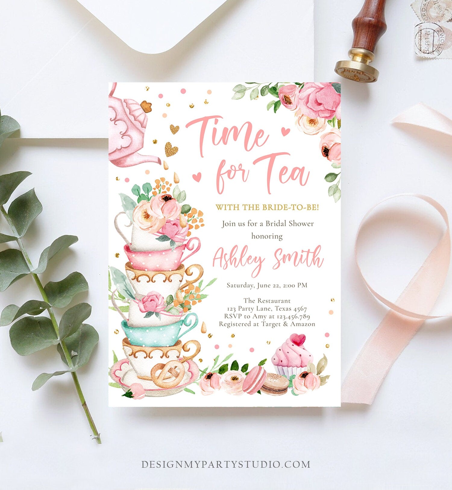 Editable Time For Tea Bridal Shower Invitation Tea Party Wedding Shower Floral Pink Gold Blush Love is Brewing Corjl Template Printable 0349