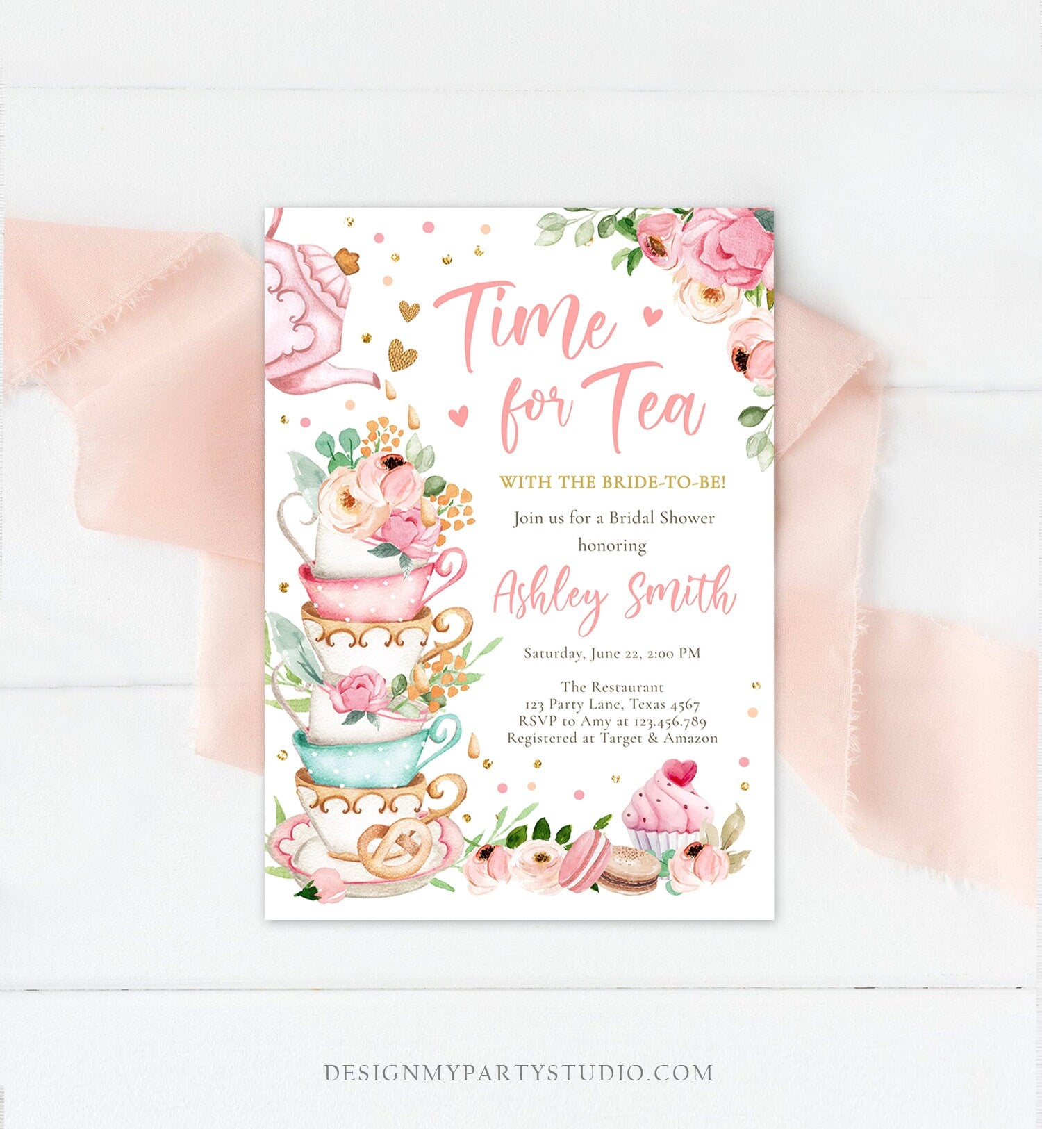 Editable Time For Tea Bridal Shower Invitation Tea Party Wedding Shower Floral Pink Gold Blush Love is Brewing Corjl Template Printable 0349