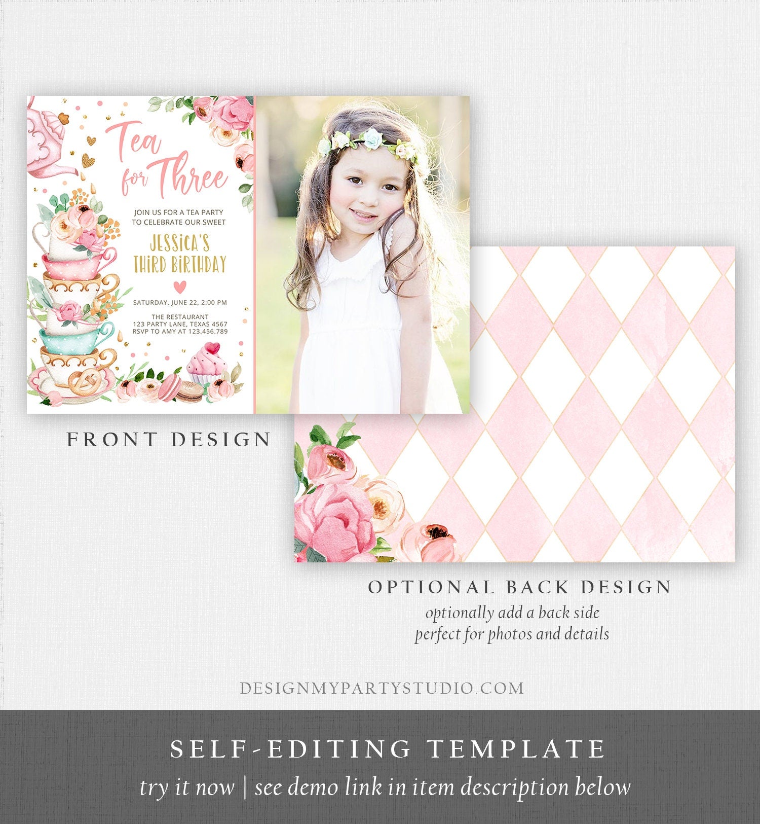 Editable Tea for Three Birthday Invitation Girl Tea Party Invite Pink Gold Floral Peach Third Birthday 3rd Corjl Template Printable 0349