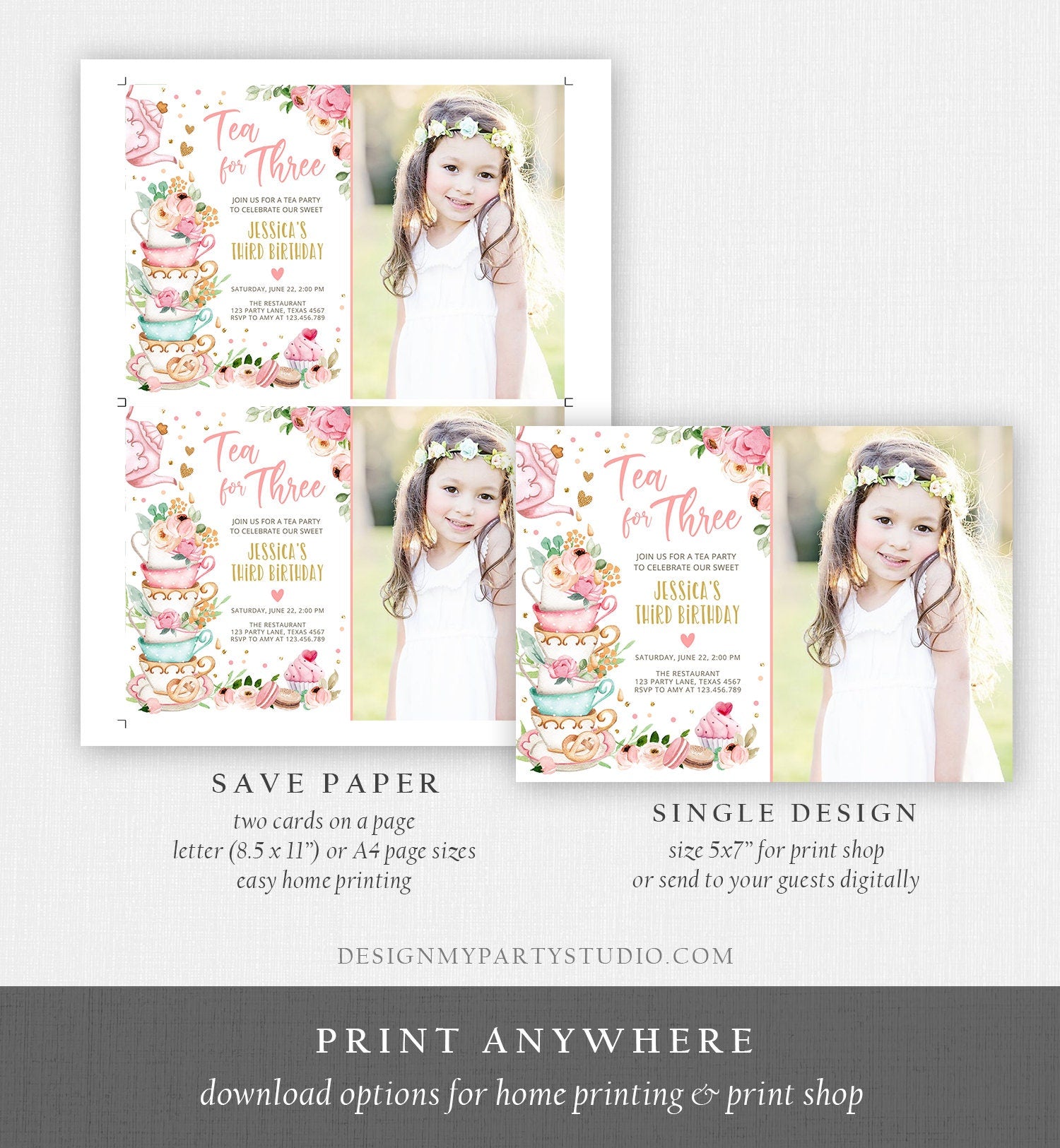 Editable Tea for Three Birthday Invitation Girl Tea Party Invite Pink Gold Floral Peach Third Birthday 3rd Corjl Template Printable 0349