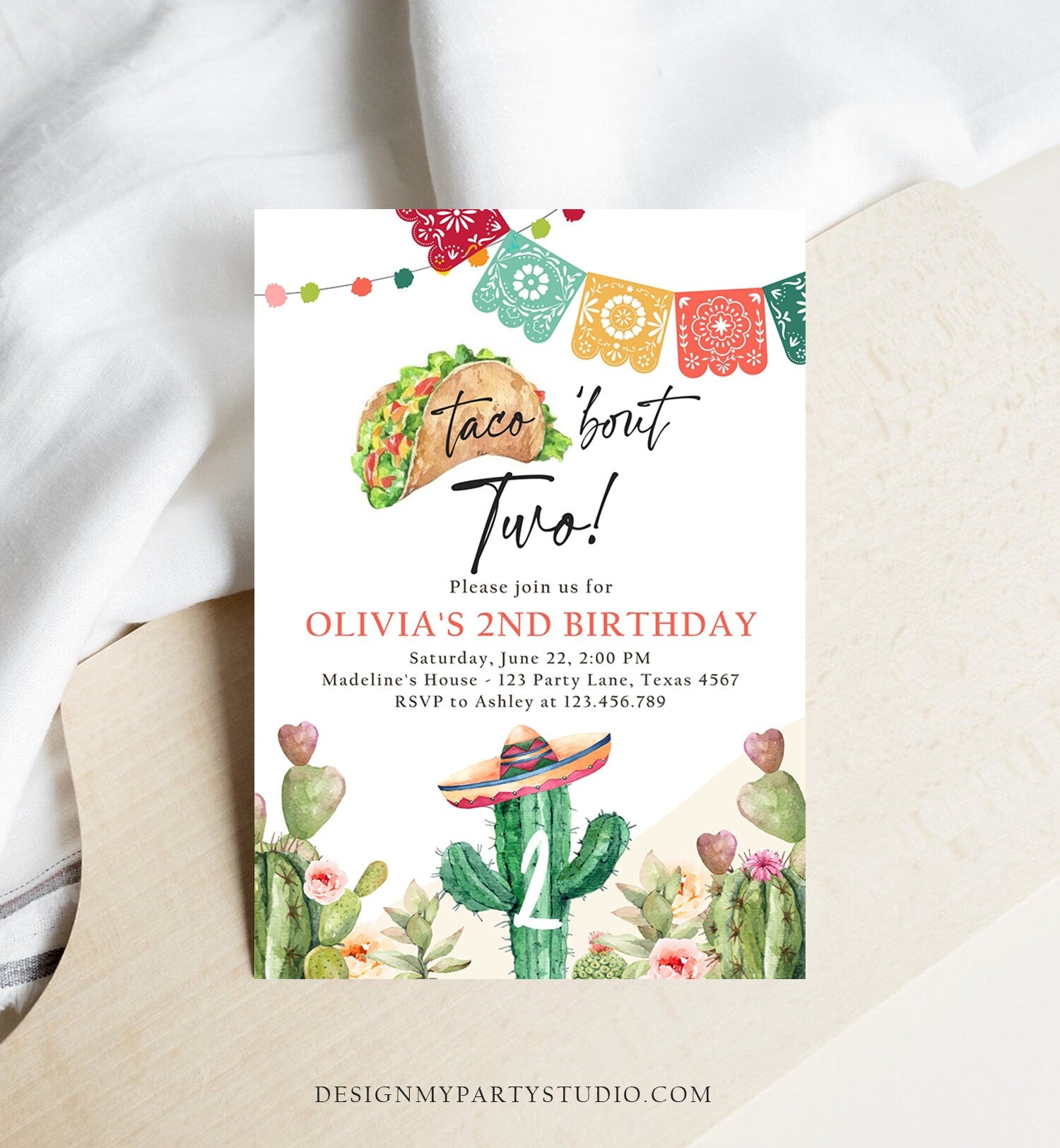 Editable Taco Bout Two Birthday Invitation ANY AGE Girl Boy Cactus Fiesta Mexican Second Birthday Download Printable Corjl Template 0404