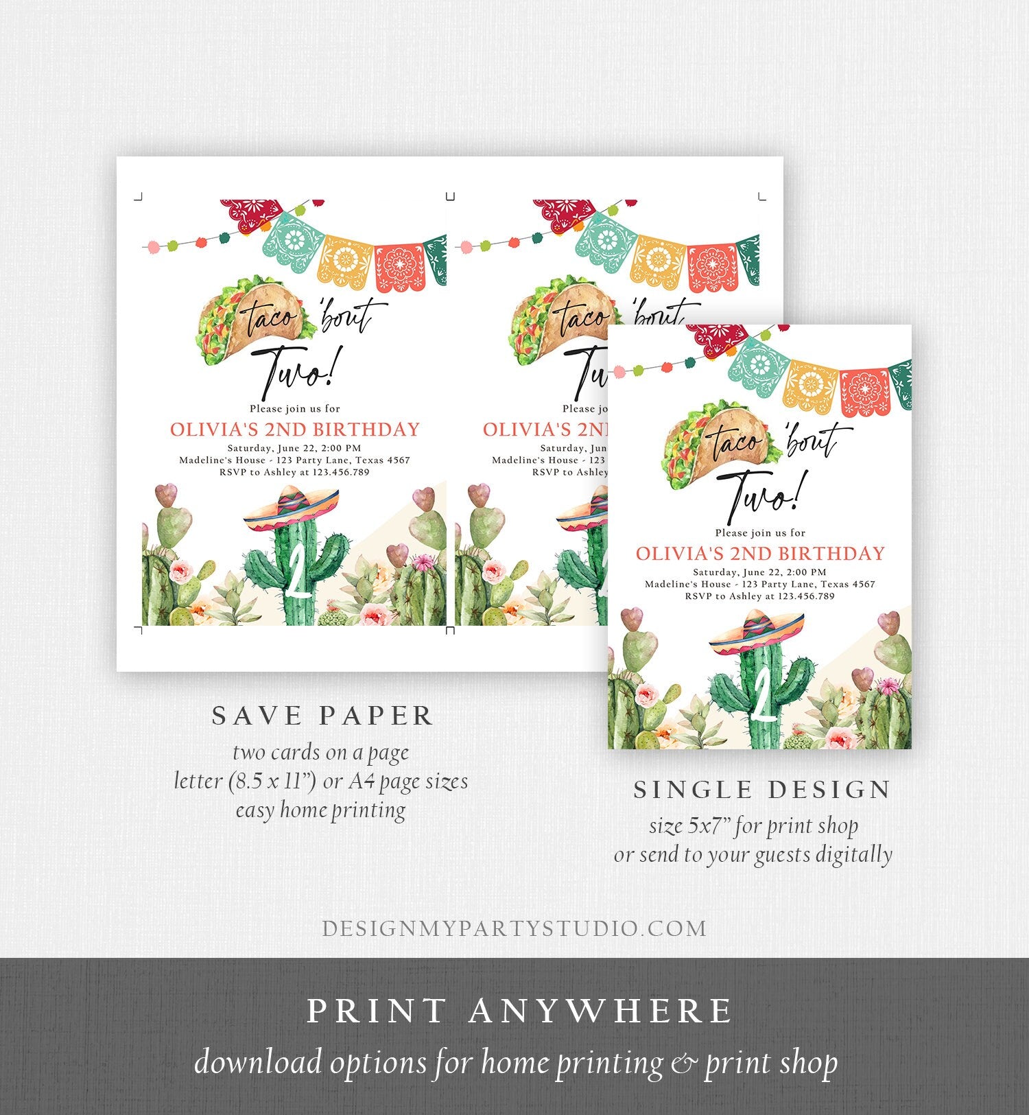 Editable Taco Bout Two Birthday Invitation ANY AGE Girl Boy Cactus Fiesta Mexican Second Birthday Download Printable Corjl Template 0404