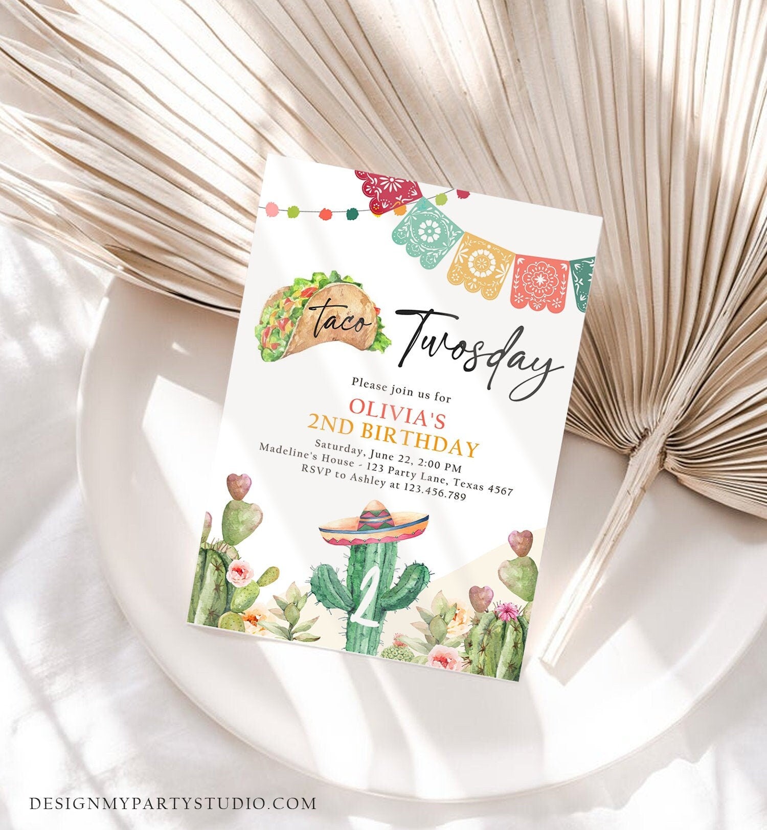 Editable Taco Twosday Fiesta Birthday Invitation Second Birthday 2nd Cactus Mexican Tacos Girl Cactus Download Corjl Template Printable 0404