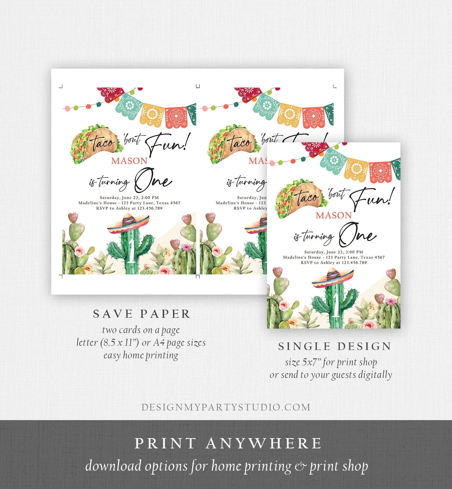 Editable Taco Bout Fun Birthday Invitation Cactus First Fiesta Cactus Mexican Desert Floral Download Printable Template Corjl 0404