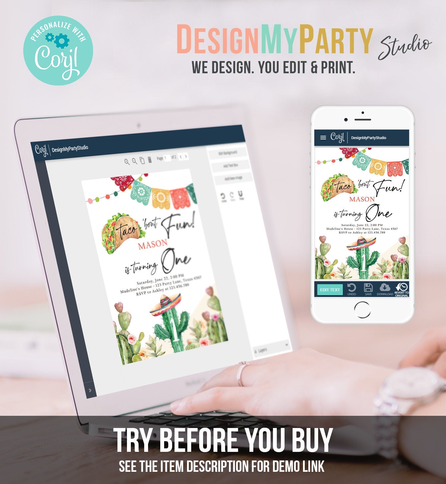 Editable Taco Bout Fun Birthday Invitation Cactus First Fiesta Cactus Mexican Desert Floral Download Printable Template Corjl 0404