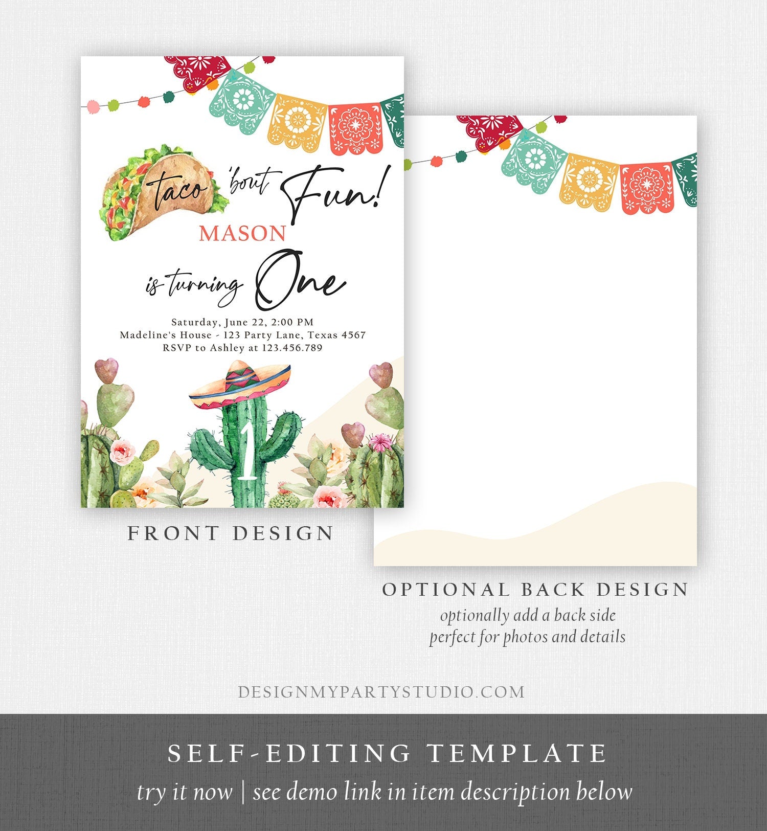 Editable Taco Bout Fun Birthday Invitation Cactus First Fiesta Cactus Mexican Desert Floral Download Printable Template Corjl 0404