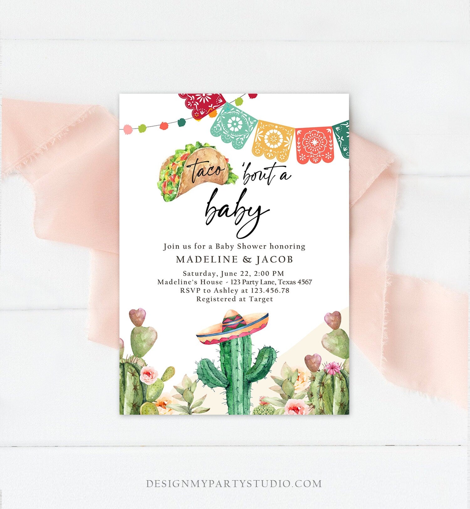 Editable Taco Bout a Baby Shower Invitation Cactus Mexican Fiesta Baby Shower Desert Floral Digital Download Evite Template Printable 0404