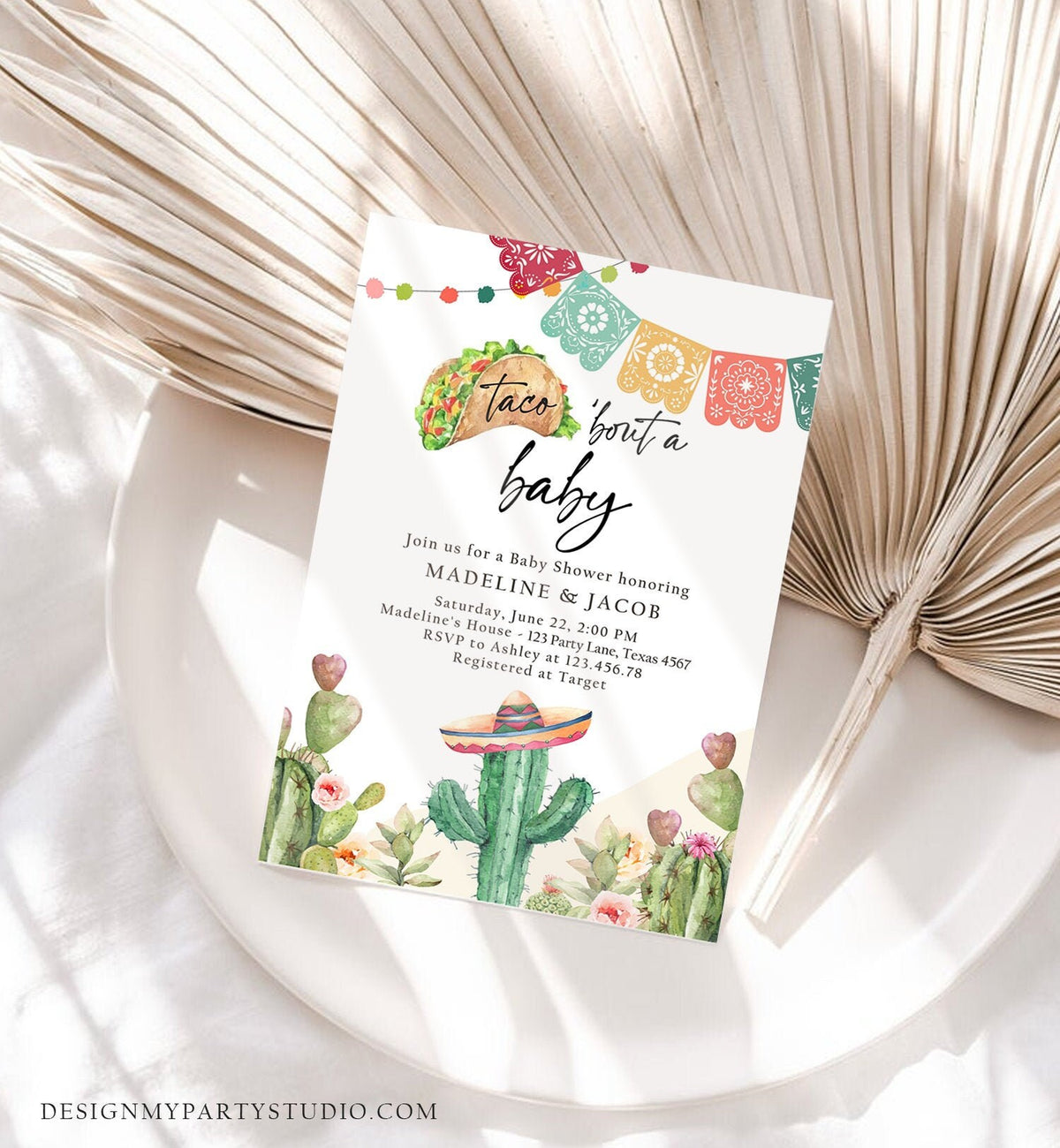 Editable Taco Bout a Baby Shower Invitation Cactus Mexican Fiesta Baby Shower Desert Floral Digital Download Evite Template Printable 0404