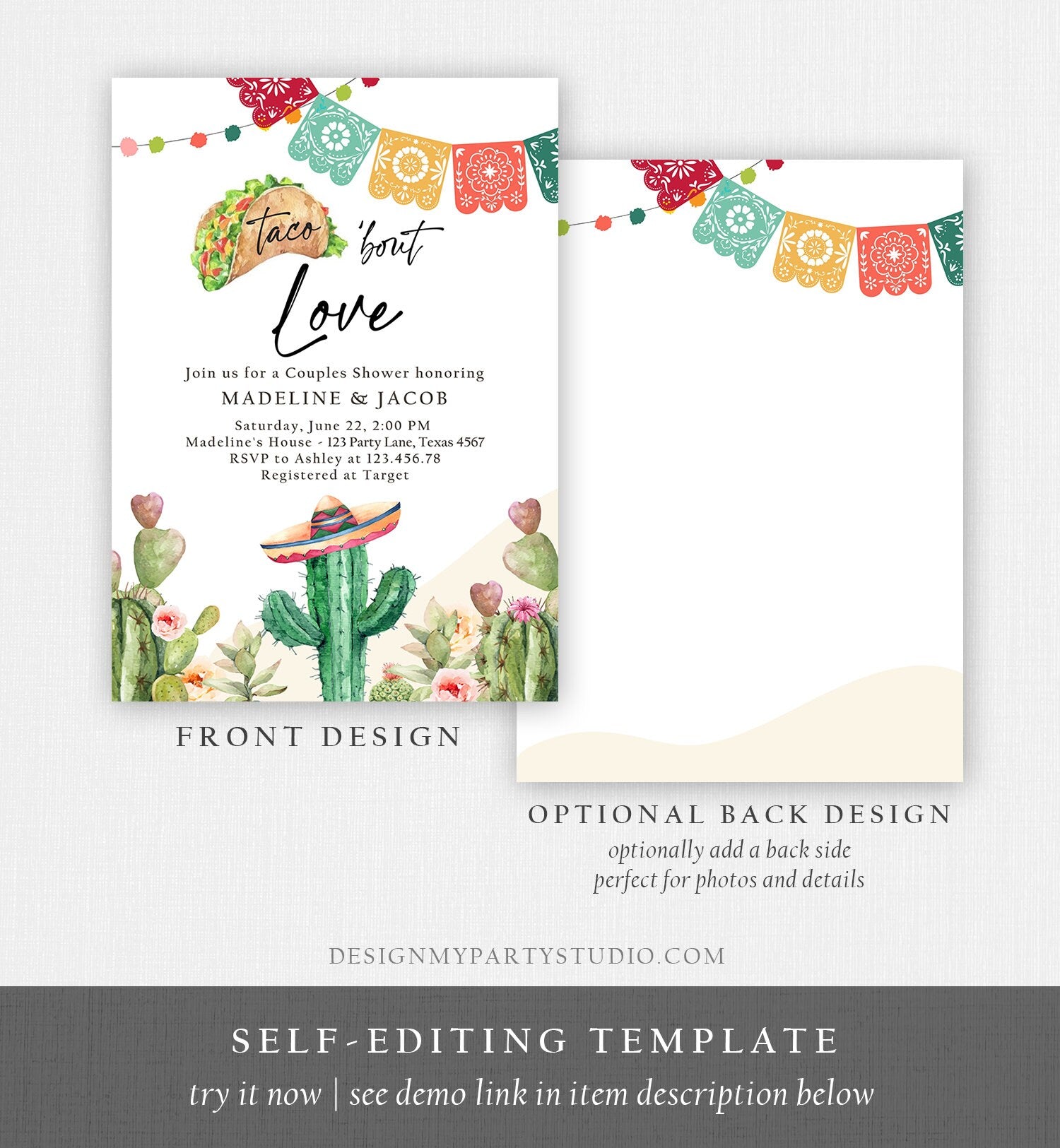 Editable Taco Bout Love Couples Shower Invitation Fiesta Cactus Succulent Mexican Desert Digital Download Evite Template Printable 0404