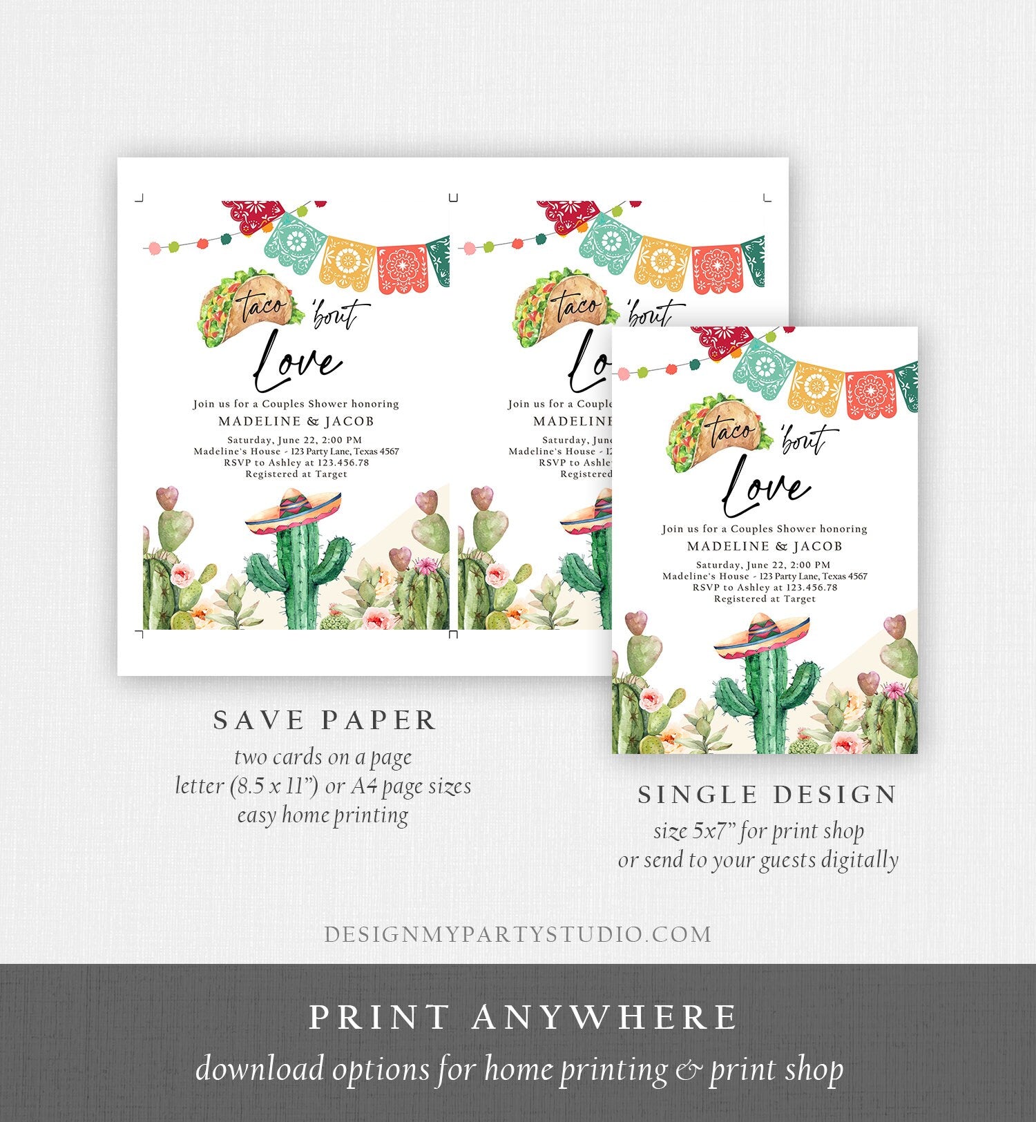 Editable Taco Bout Love Couples Shower Invitation Fiesta Cactus Succulent Mexican Desert Digital Download Evite Template Printable 0404