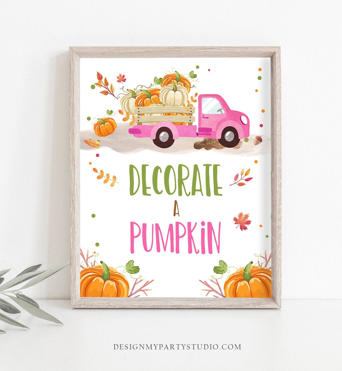 Decorate a Pumpkin Sign Pumpkin Birthday Sign Pumpkin Carving Party Signs Decor Fall Party Autumn Girl Pink Truck Decor Printable 0153