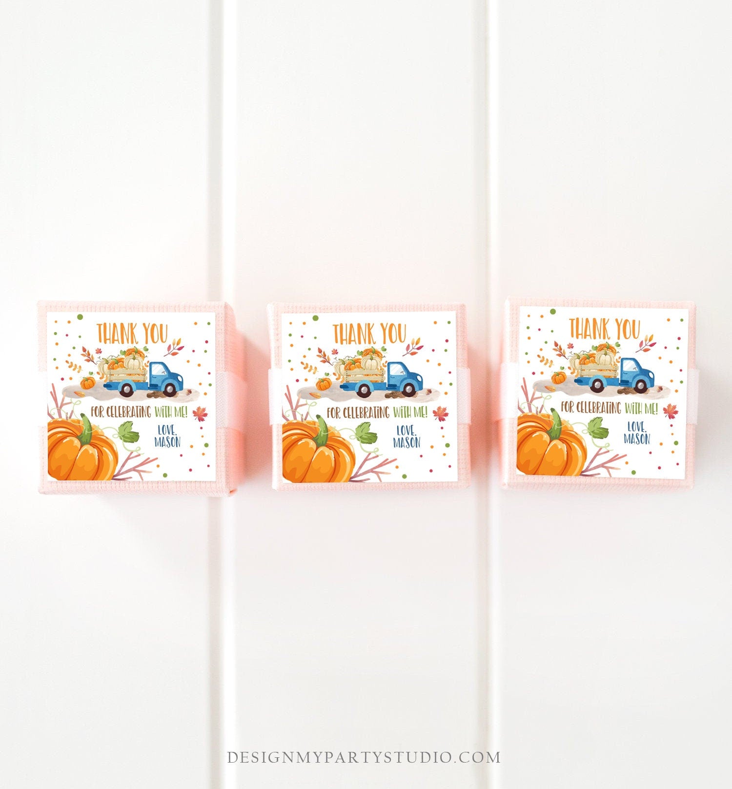 Editable Little Pumpkin Truck Favor Tag Boy Birthday Pumpkin Blue Truck Thank You Sticker Label Fall Autumn Corjl Template Printable 0153