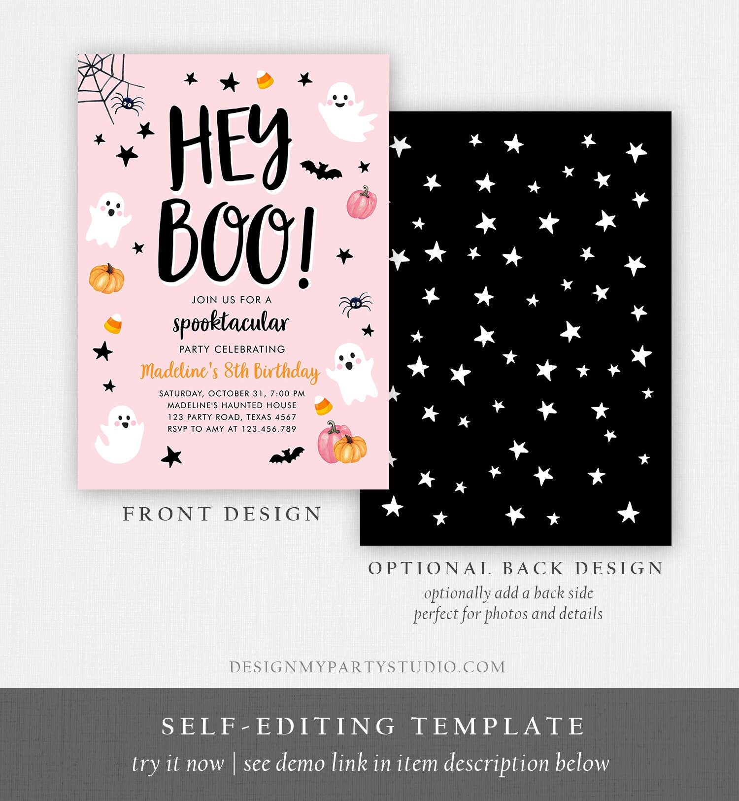 Editable Halloween Birthday Invitation Pink Ghost Costume Party Girl Pink Kids Spooktacular Spooky Hey Boo Printable Template Corjl 0418