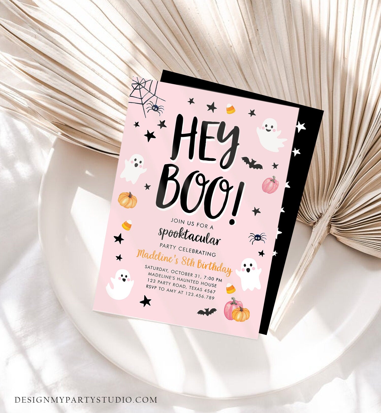 Editable Halloween Birthday Invitation Pink Ghost Costume Party Girl Pink Kids Spooktacular Spooky Hey Boo Printable Template Corjl 0418