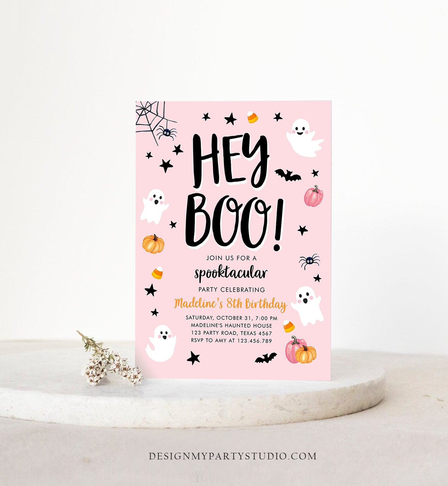 Editable Halloween Birthday Invitation Pink Ghost Costume Party Girl Pink Kids Spooktacular Spooky Hey Boo Printable Template Corjl 0418