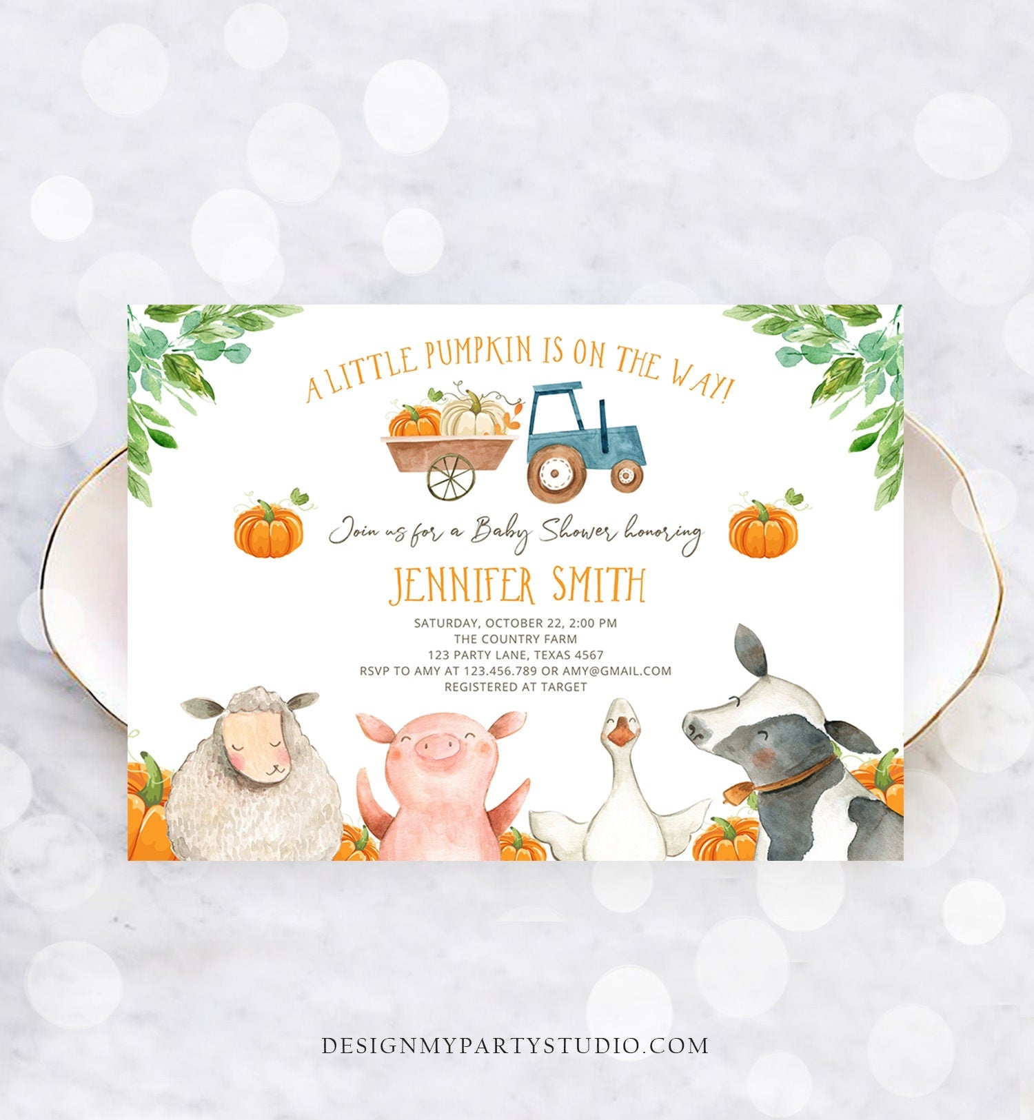 Editable Farm Baby Shower Invitation Pumpkin Gender Neutral Boy Farm Animals Barnyard Fall Digital Download Evite Template Printable 0155