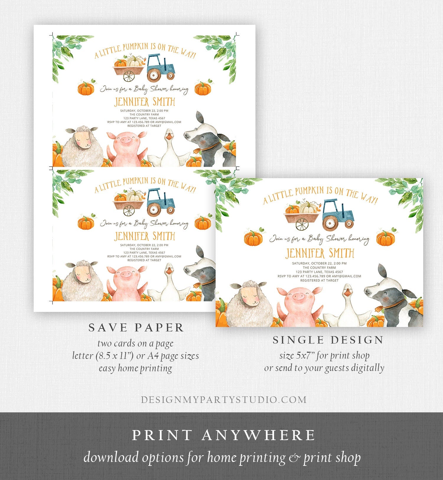 Editable Farm Baby Shower Invitation Pumpkin Gender Neutral Boy Farm Animals Barnyard Fall Digital Download Evite Template Printable 0155