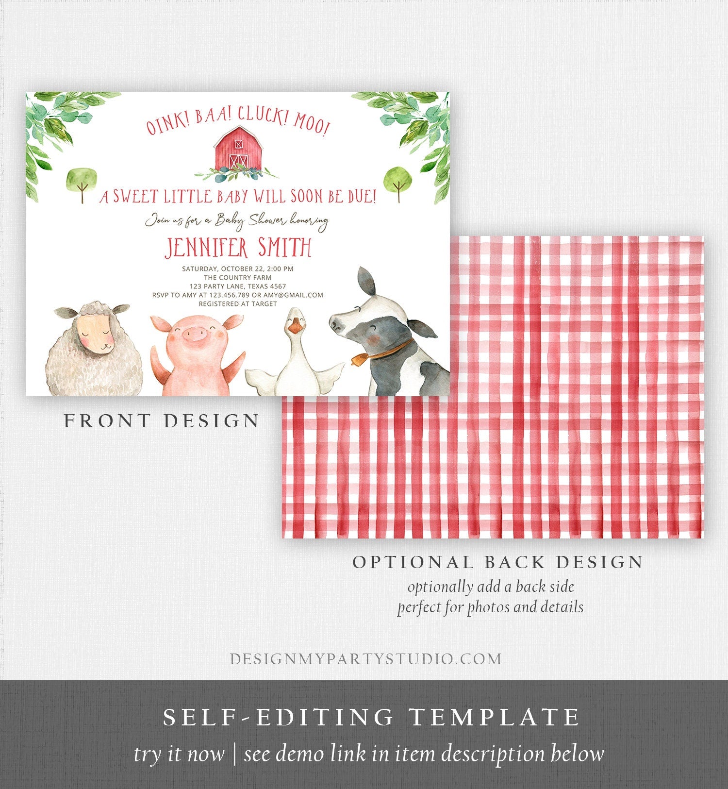 Editable Farm Animals Baby Shower Invitation Party Animals Boy Red Barn Barnyard Watercolor Digital Download Evite Template Printable 0155