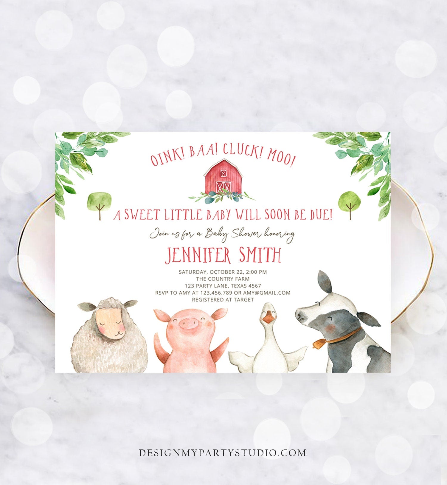 Editable Farm Animals Baby Shower Invitation Party Animals Boy Red Barn Barnyard Watercolor Digital Download Evite Template Printable 0155