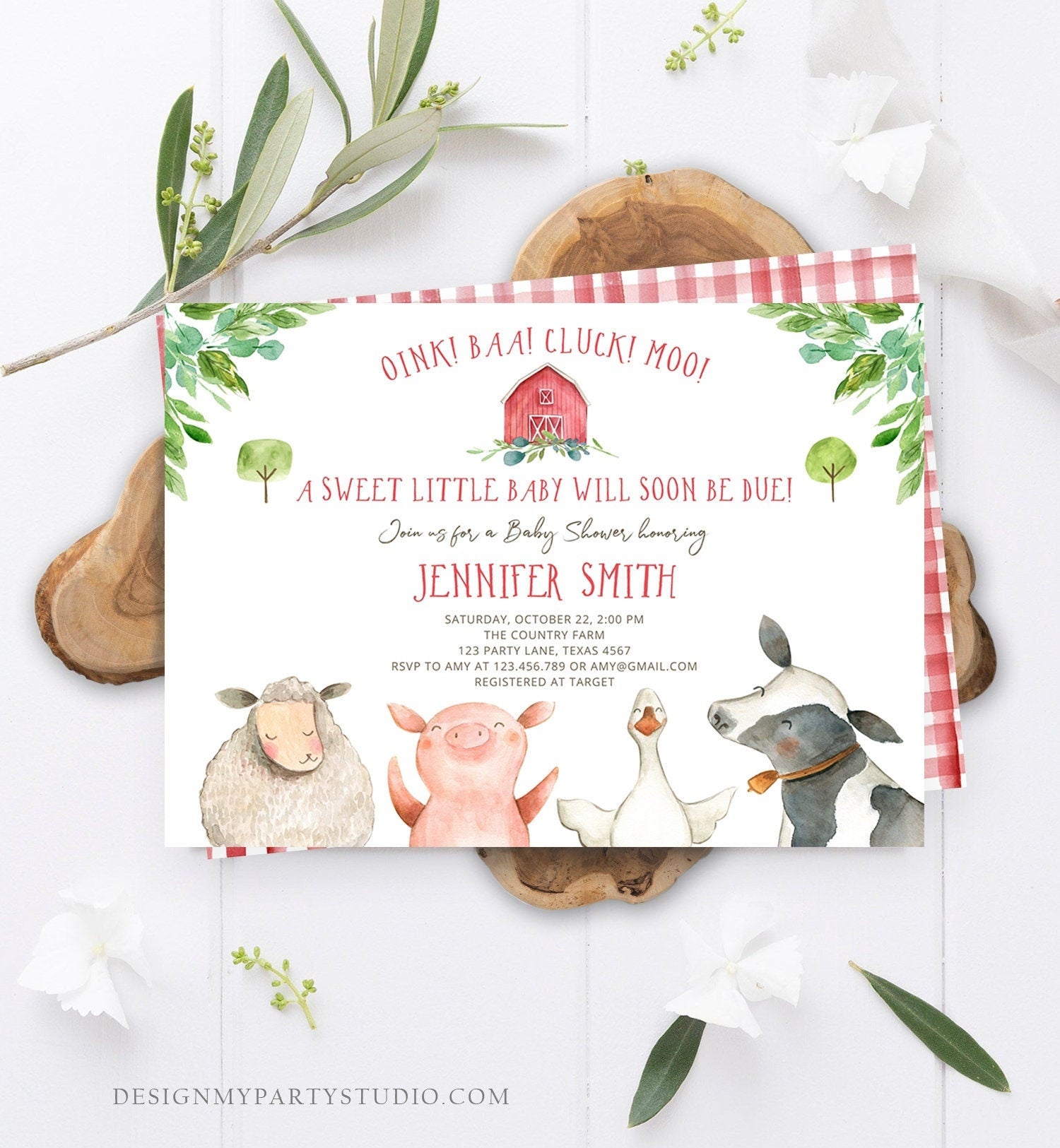 Editable Farm Animals Baby Shower Invitation Party Animals Boy Red Barn Barnyard Watercolor Digital Download Evite Template Printable 0155