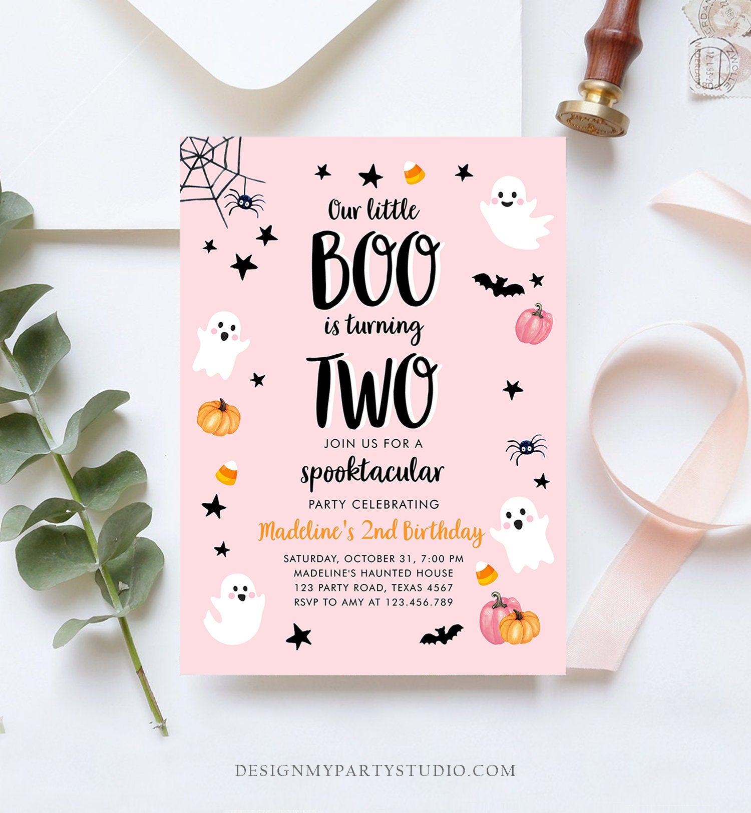 Editable Halloween 2nd Birthday Invitation Pink Ghost Costume Party Girl Pink Boo Spooktacular Spooky Download Printable Template Corjl 0418