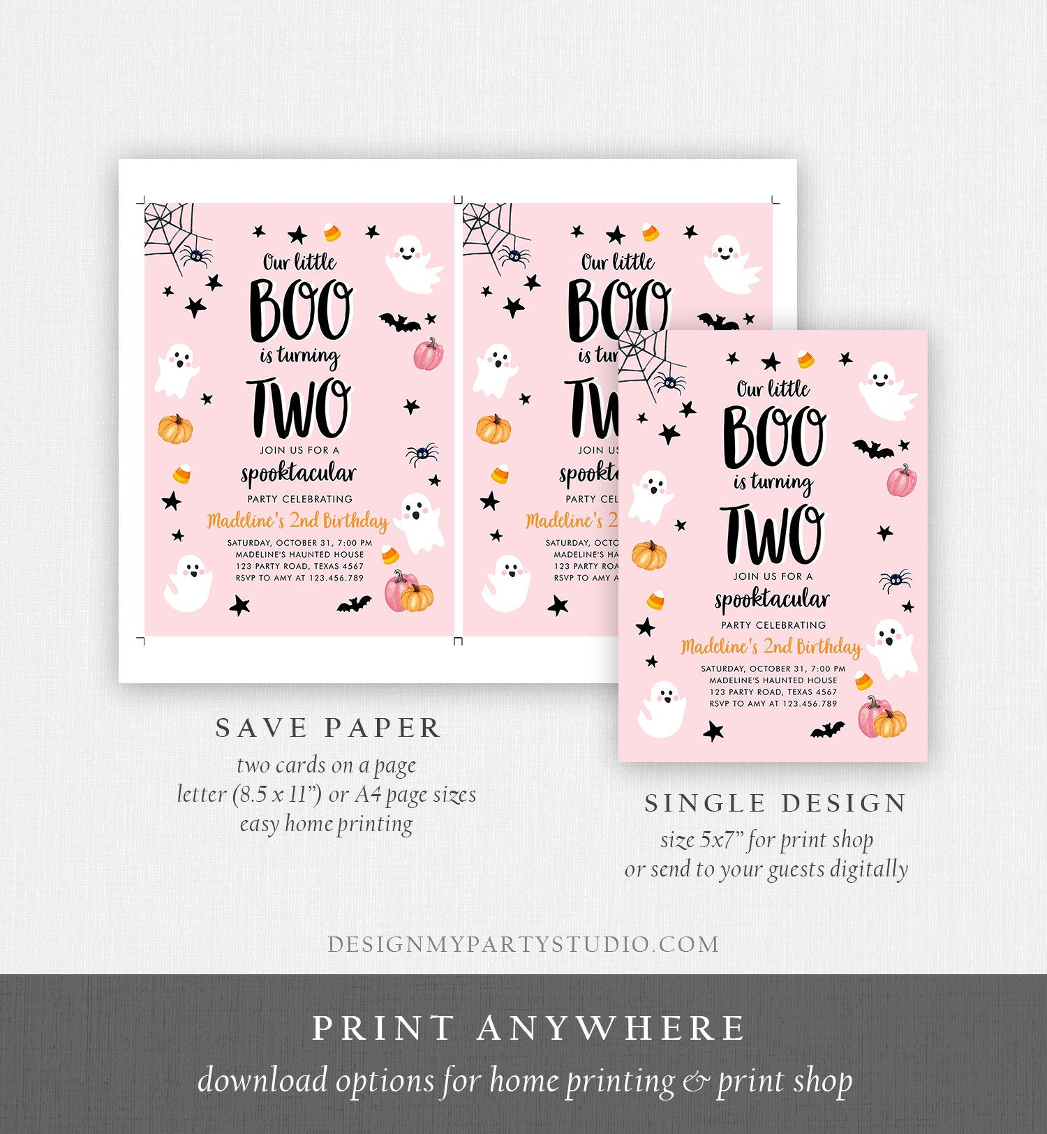 Editable Halloween 2nd Birthday Invitation Pink Ghost Costume Party Girl Pink Boo Spooktacular Spooky Download Printable Template Corjl 0418