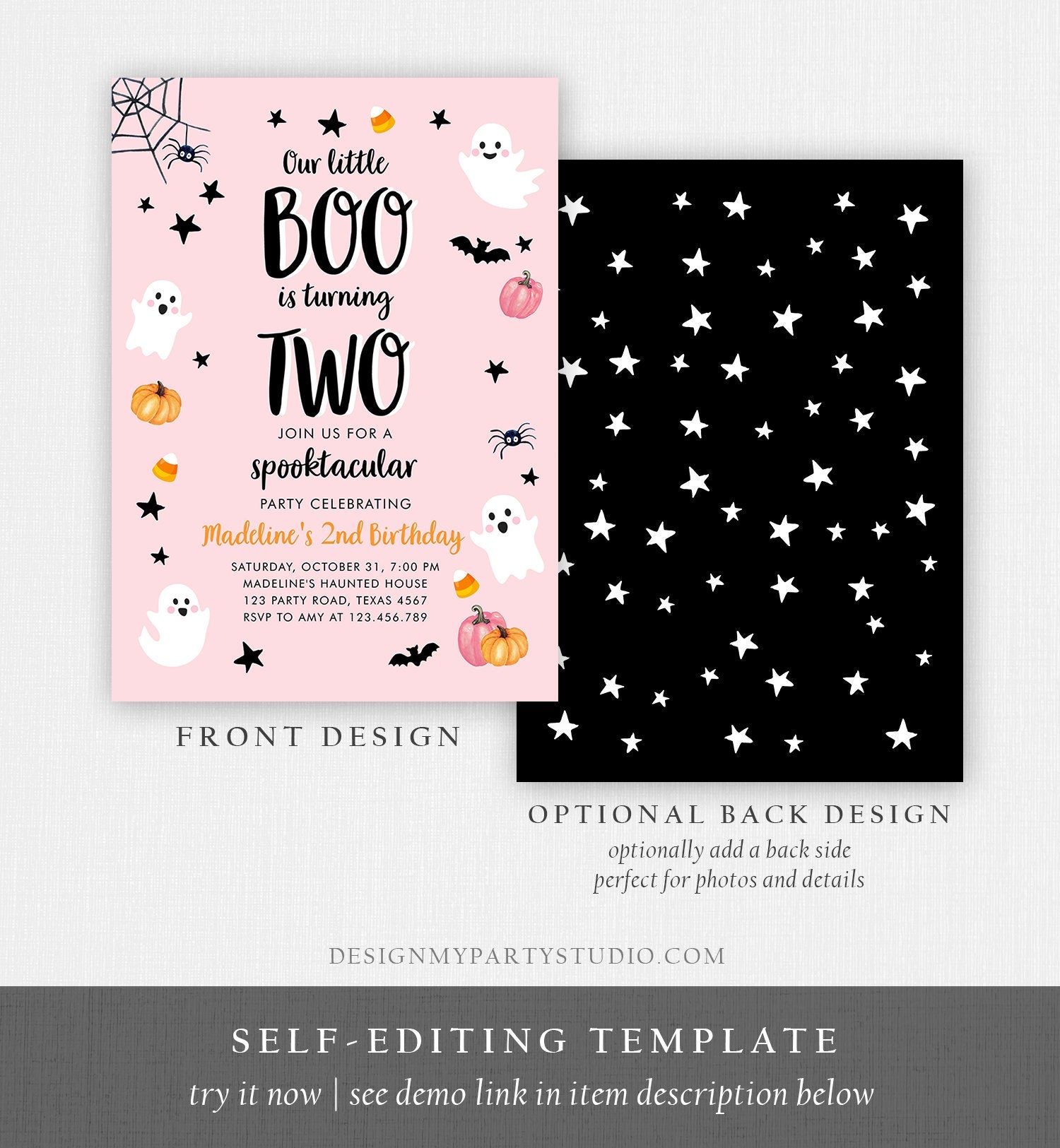 Editable Halloween 2nd Birthday Invitation Pink Ghost Costume Party Girl Pink Boo Spooktacular Spooky Download Printable Template Corjl 0418