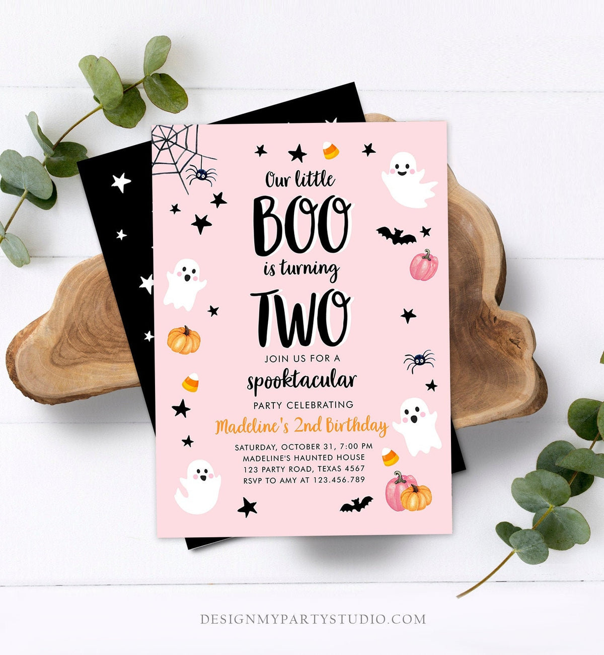 Editable Halloween 2nd Birthday Invitation Pink Ghost Costume Party Girl Pink Boo Spooktacular Spooky Download Printable Template Corjl 0418