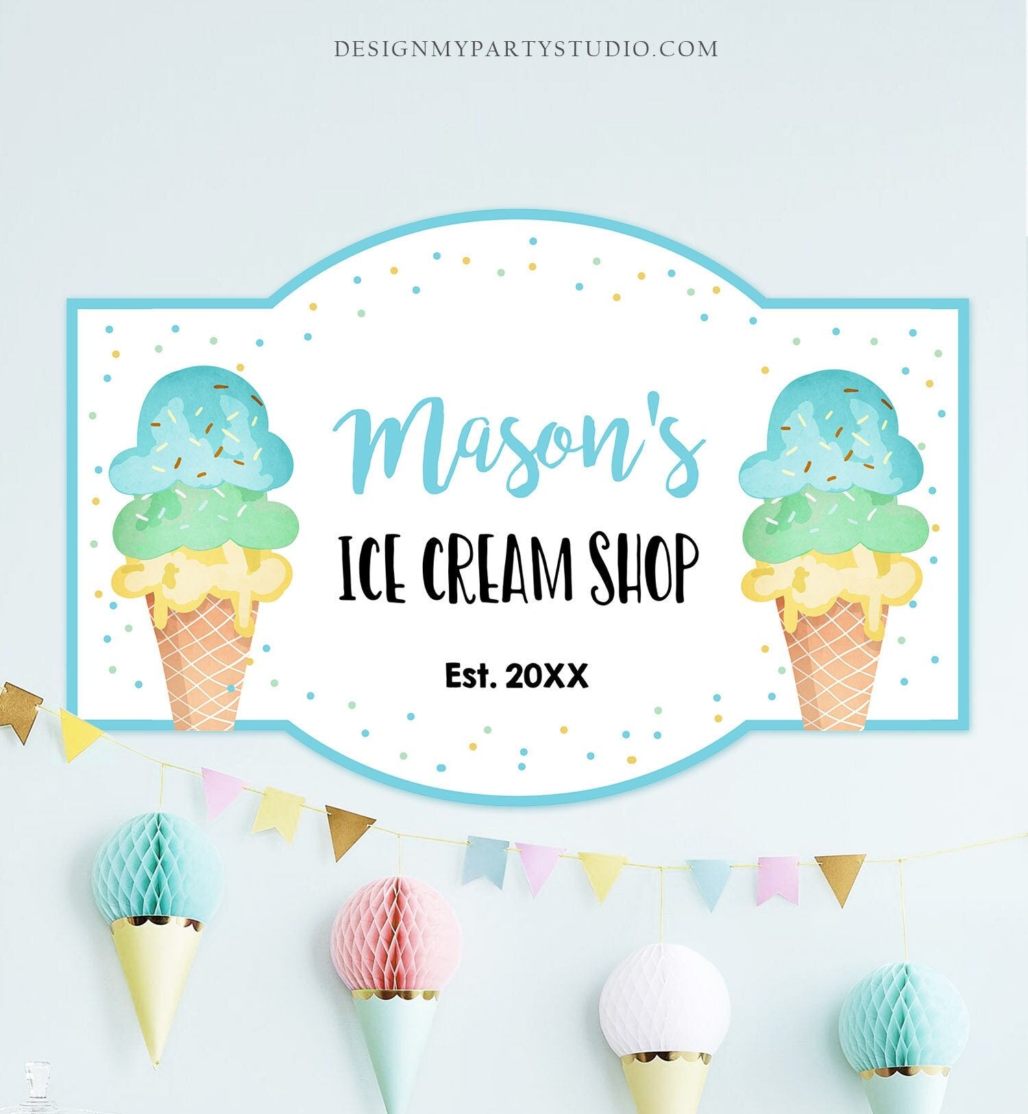 Editable Ice Cream Shop Sign Ice Cream Birthday Welcome Ice Cream Parlor Boy Summer Party Blue Yellow Summer Template PRINTABLE Corjl 0243