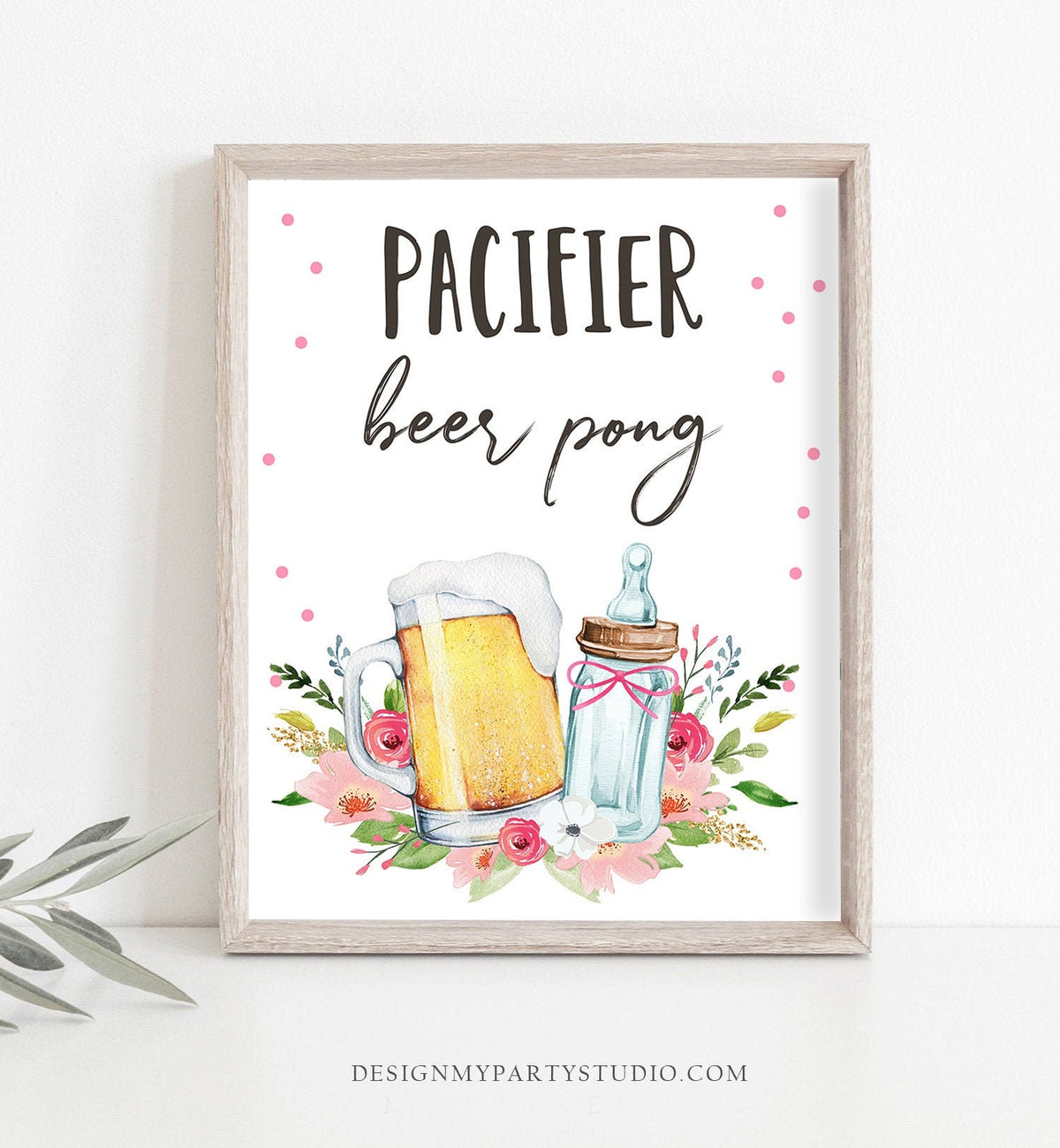 Pacifier Beer Pong Table Sign Decor Baby is Brewing Sign Bottles and Beers Greenery Baby Shower Game Pacifier Game Pink Printable 0190