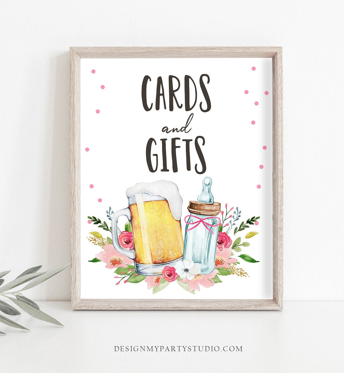 Cards And Gifts Sign Table Decor Baby is Brewing Sign Gift Table Bottles Beers Greenery Table Sign Pink Girl Digital Download Printable 0190