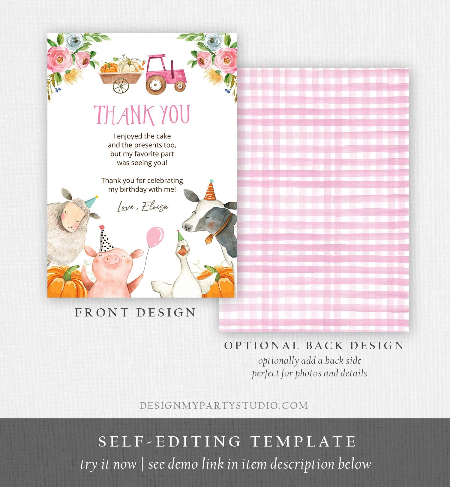 Editable Farm Animals Thank You Card Pumpkin Pink Gingham Farm Birthday Girl Barnyard Thank You Fall Autumn Corjl Template Printable 0155