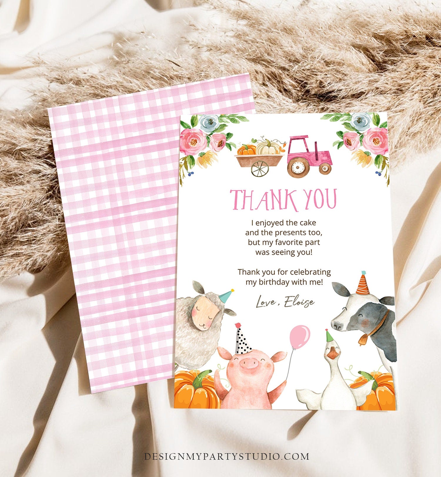 Editable Farm Animals Thank You Card Pumpkin Pink Gingham Farm Birthday Girl Barnyard Thank You Fall Autumn Corjl Template Printable 0155