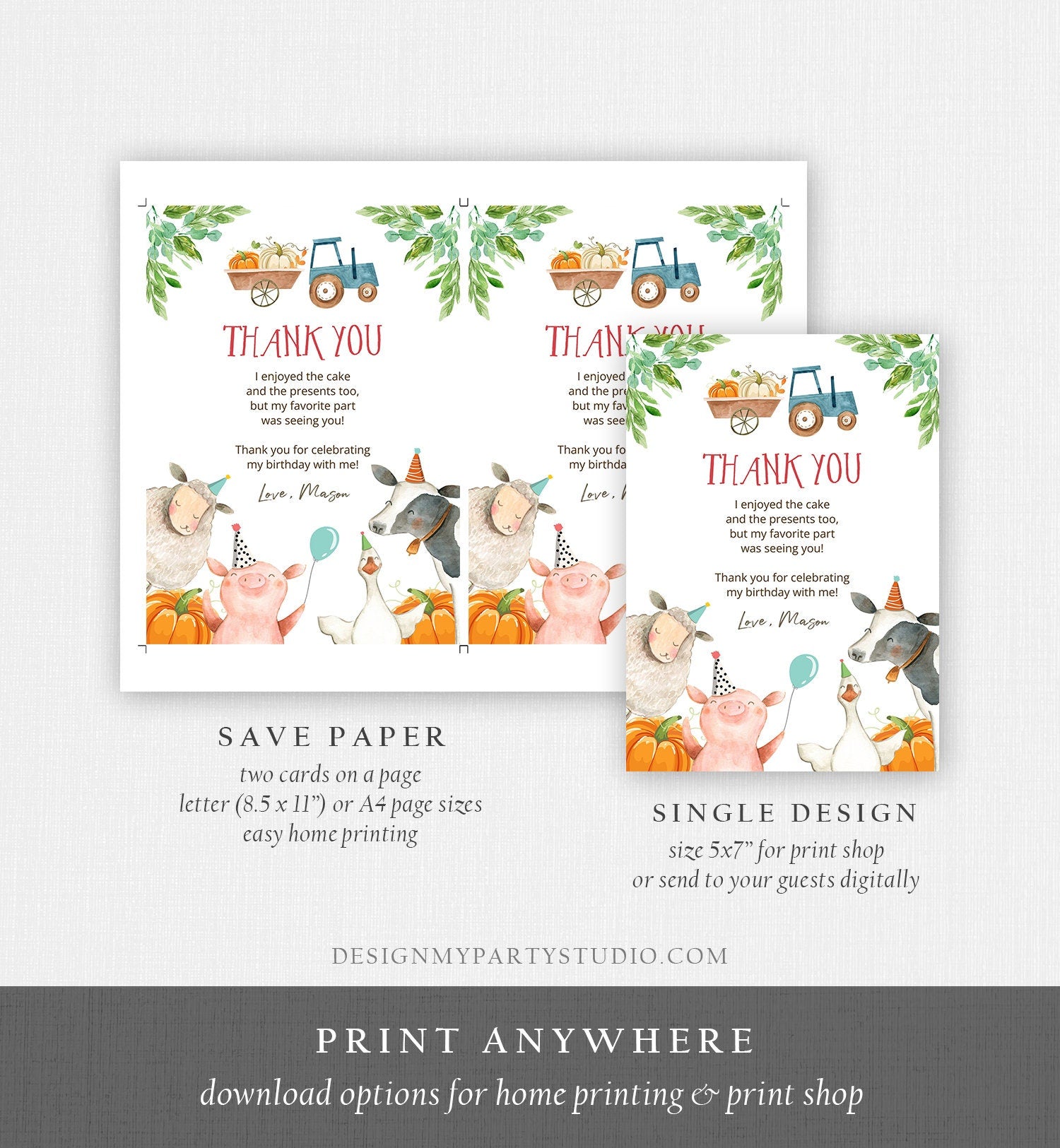 Editable Farm Animals Thank You Card Pumpkin Boy Red Gingham Farm Birthday Barnyard Thank You Fall Autumn Digital Template Printable 0155