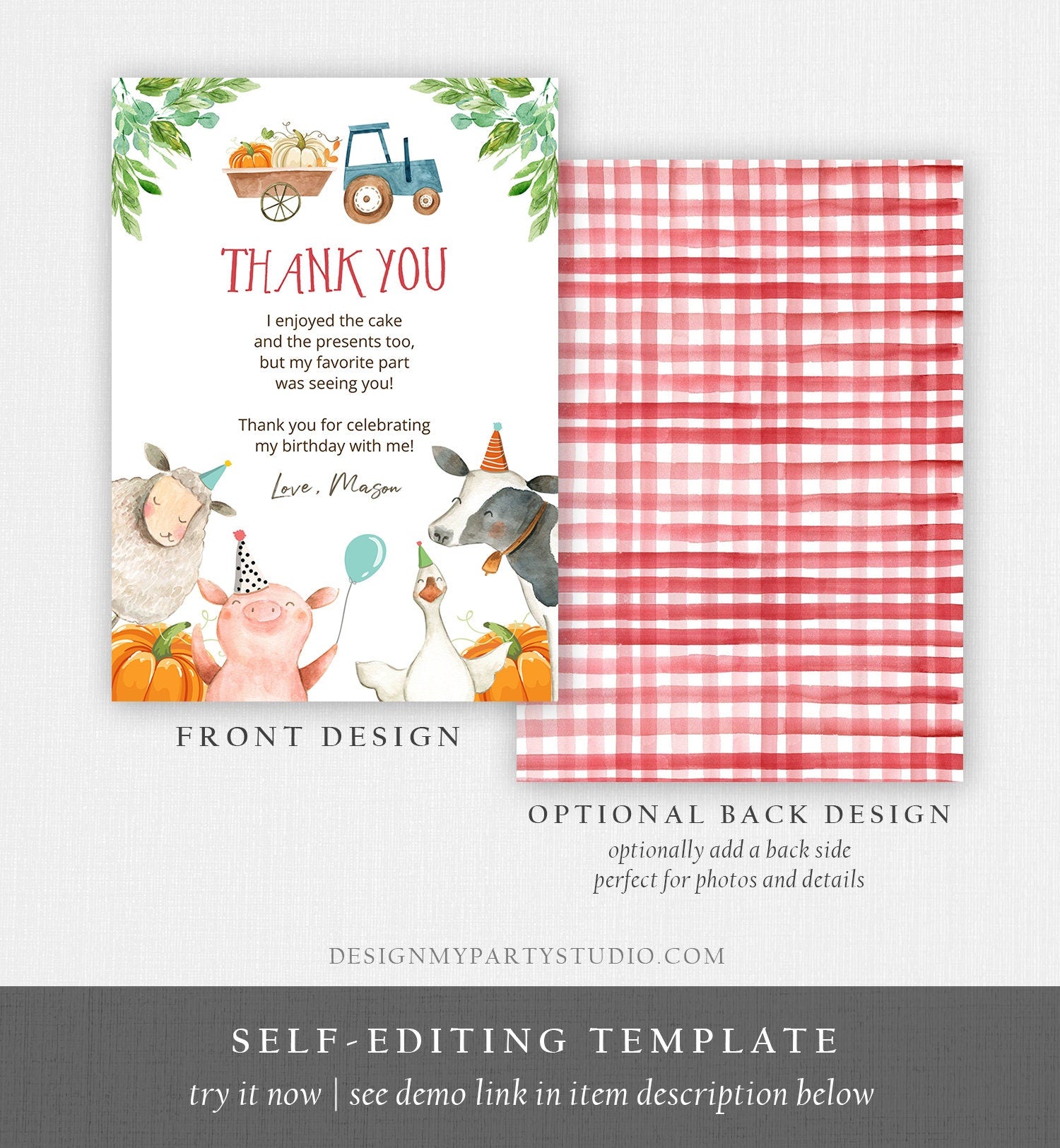 Editable Farm Animals Thank You Card Pumpkin Boy Red Gingham Farm Birthday Barnyard Thank You Fall Autumn Digital Template Printable 0155