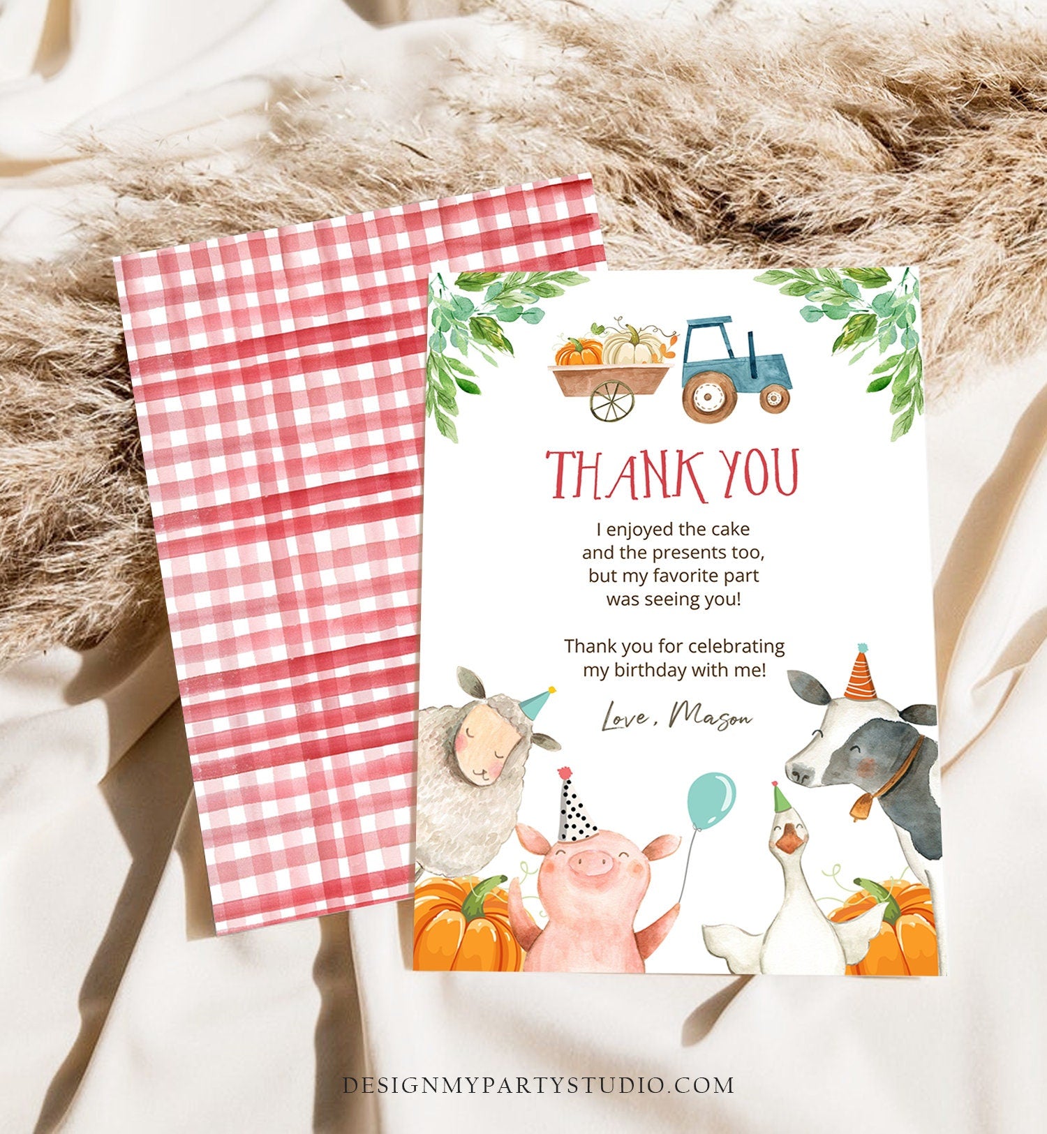 Editable Farm Animals Thank You Card Pumpkin Boy Red Gingham Farm Birthday Barnyard Thank You Fall Autumn Digital Template Printable 0155