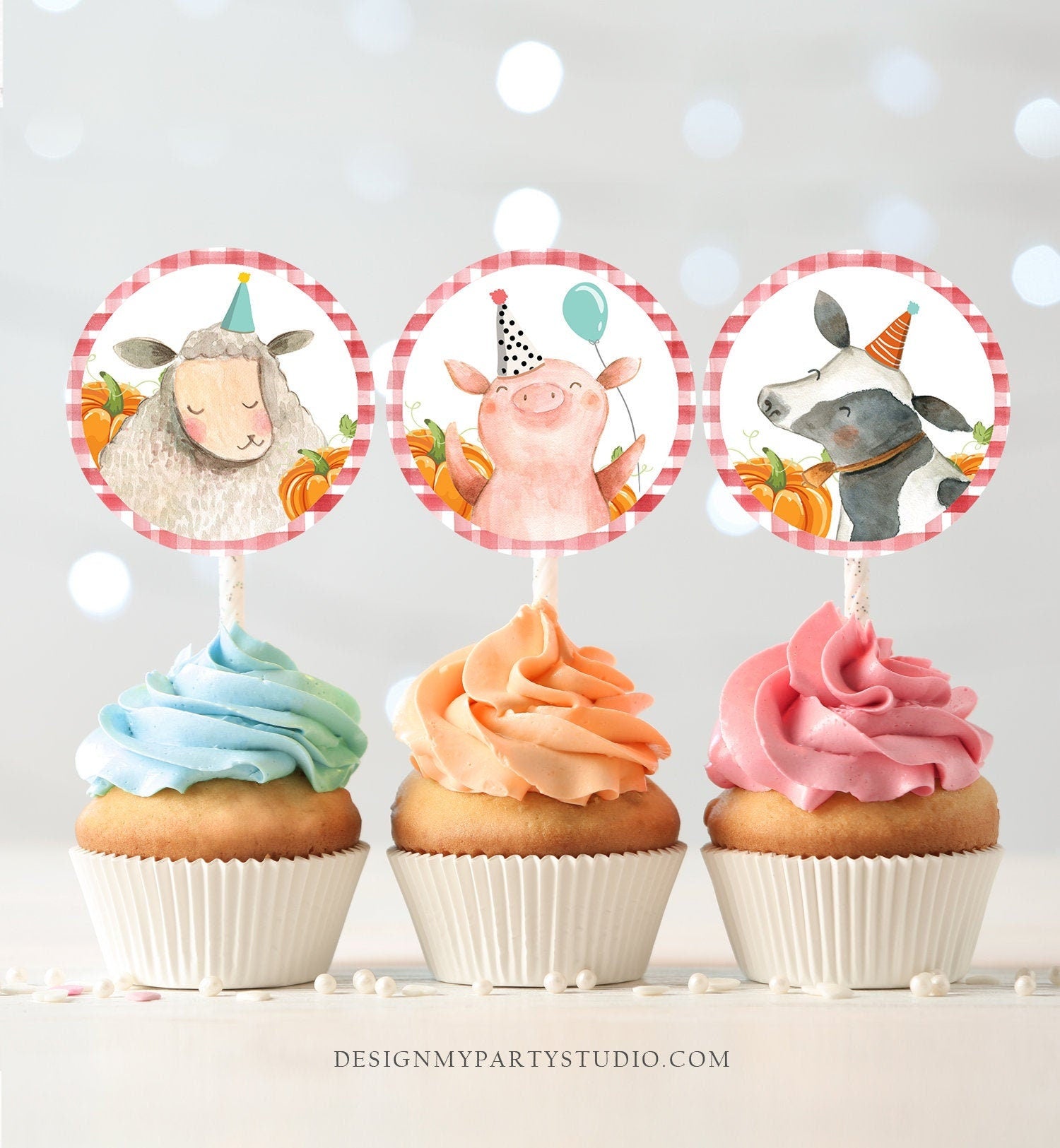 Pumpkin Farm Animals Birthday Cupcake Toppers Favor Tags Farm Birthday Party Decor Boy Barnyard Red Gingham Stickers Digital PRINTABLE 0155