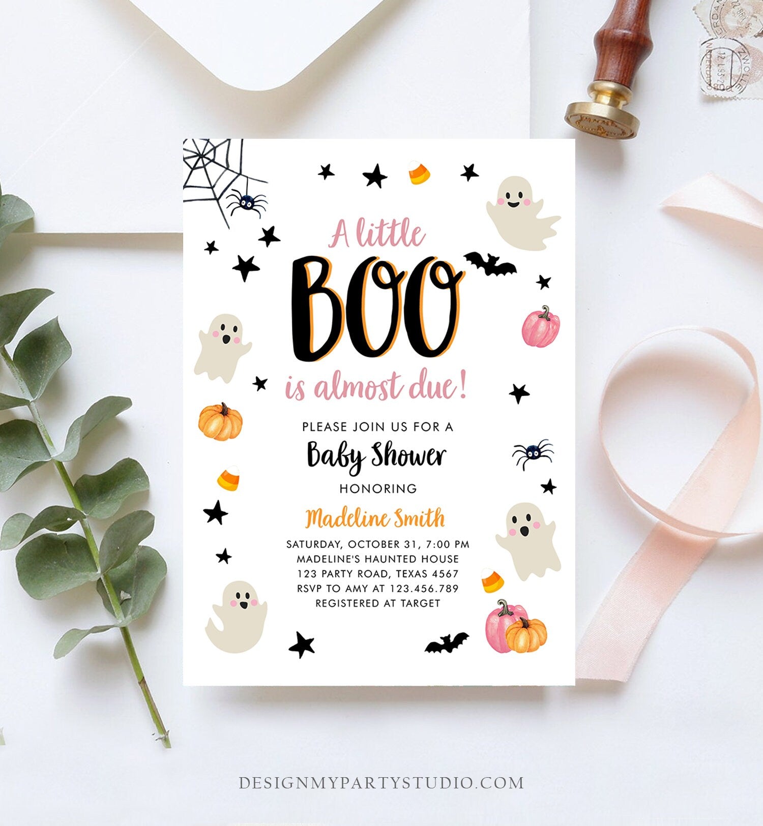 Editable Little Boo Baby Shower Invitation Cute Halloween Baby Shower Couples Shower Pink Ghost Girl Digital Evite Template Printable 0418