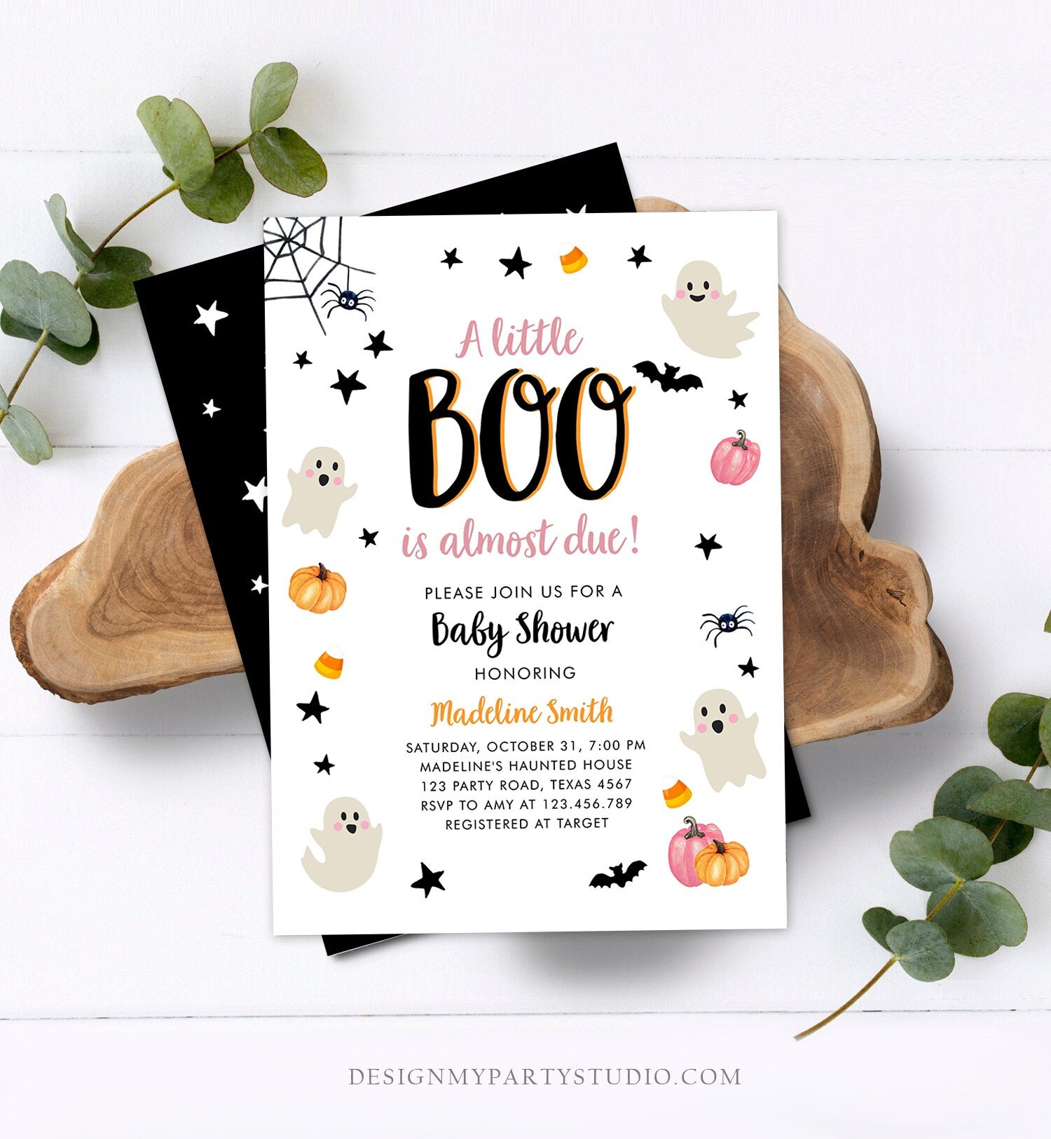 Editable Little Boo Baby Shower Invitation Cute Halloween Baby Shower Couples Shower Pink Ghost Girl Digital Evite Template Printable 0418