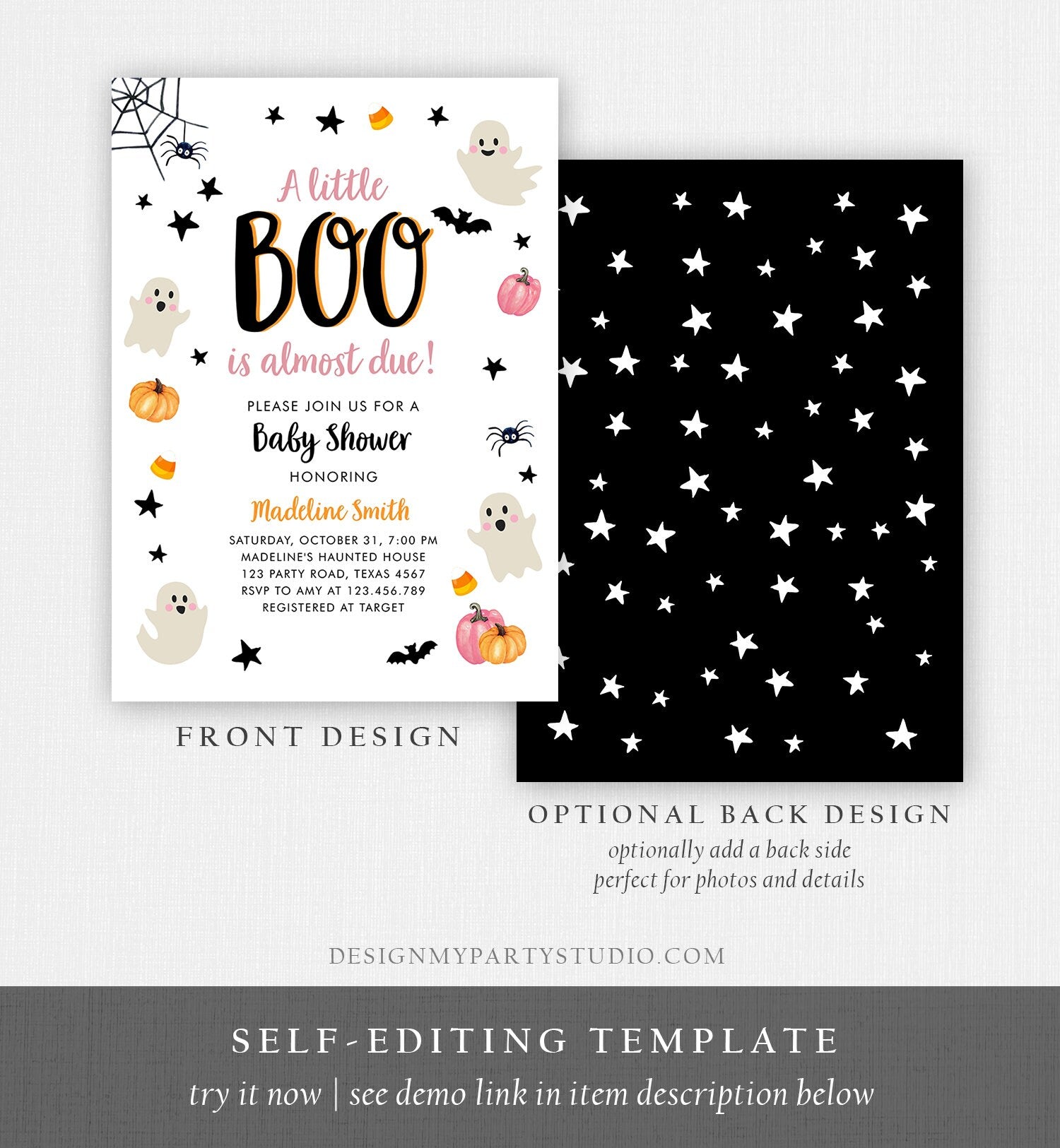 Editable Little Boo Baby Shower Invitation Cute Halloween Baby Shower Couples Shower Pink Ghost Girl Digital Evite Template Printable 0418