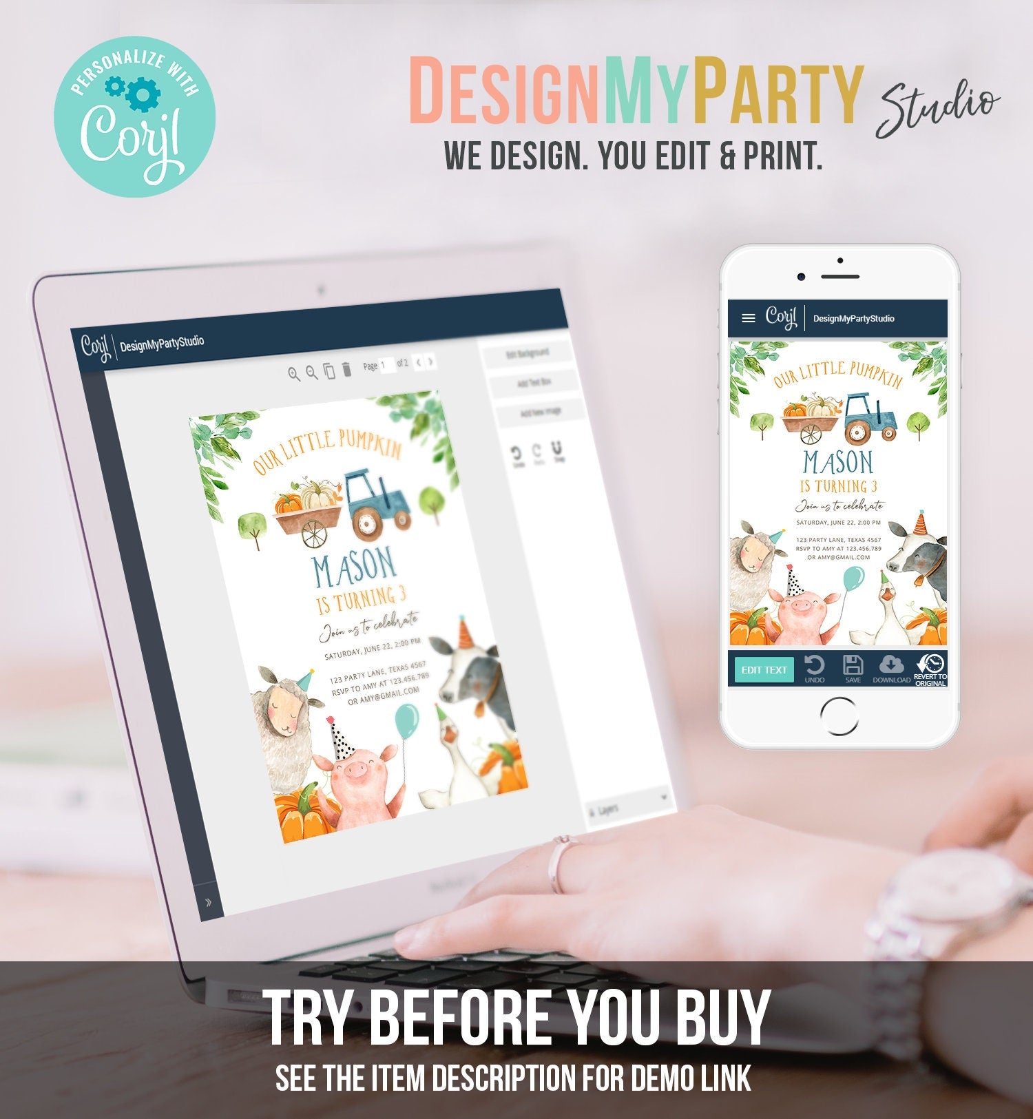 Editable Farm Birthday Invitation Pumpkin Boy Farm Animals Boy Barnyard Fall Party Animals Digital Download Evite Template Printable 0155