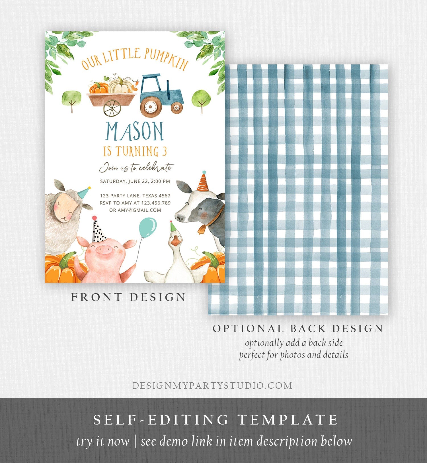 Editable Farm Birthday Invitation Pumpkin Boy Farm Animals Boy Barnyard Fall Party Animals Digital Download Evite Template Printable 0155