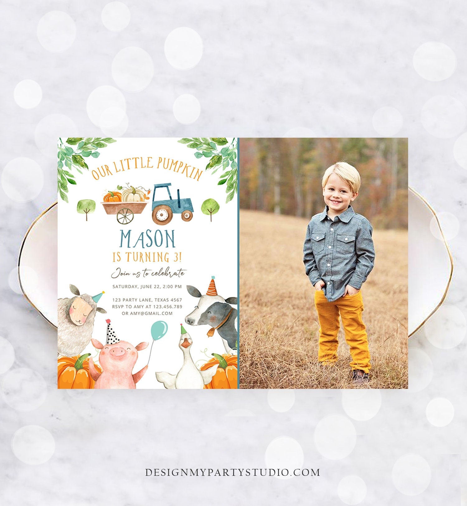 Editable Farm Animals Birthday Invitation Pumpkin Boy Party Animals Boy Barnyard Fall Digital Download Evite Template Printable 0155