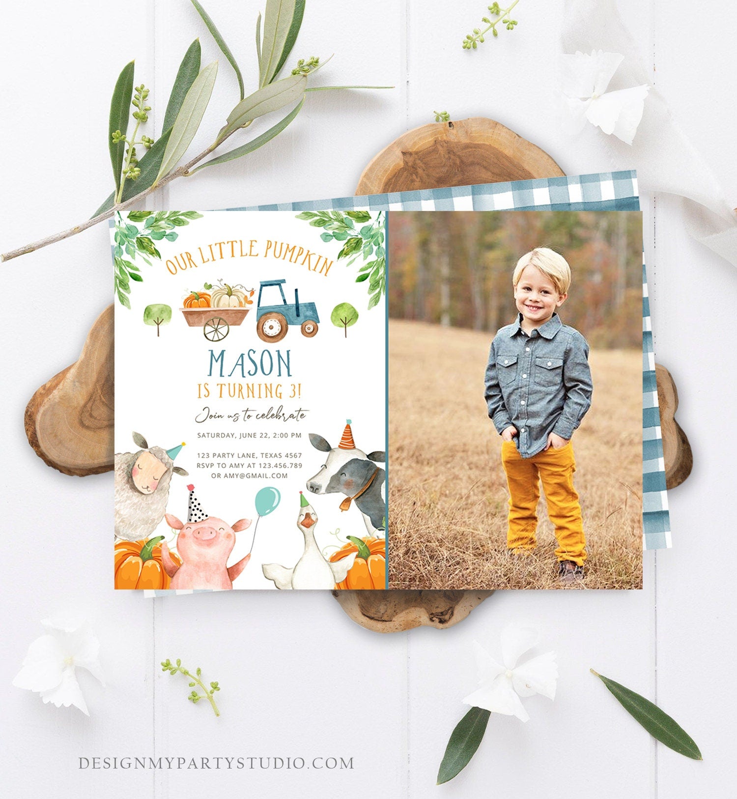 Editable Farm Animals Birthday Invitation Pumpkin Boy Party Animals Boy Barnyard Fall Digital Download Evite Template Printable 0155