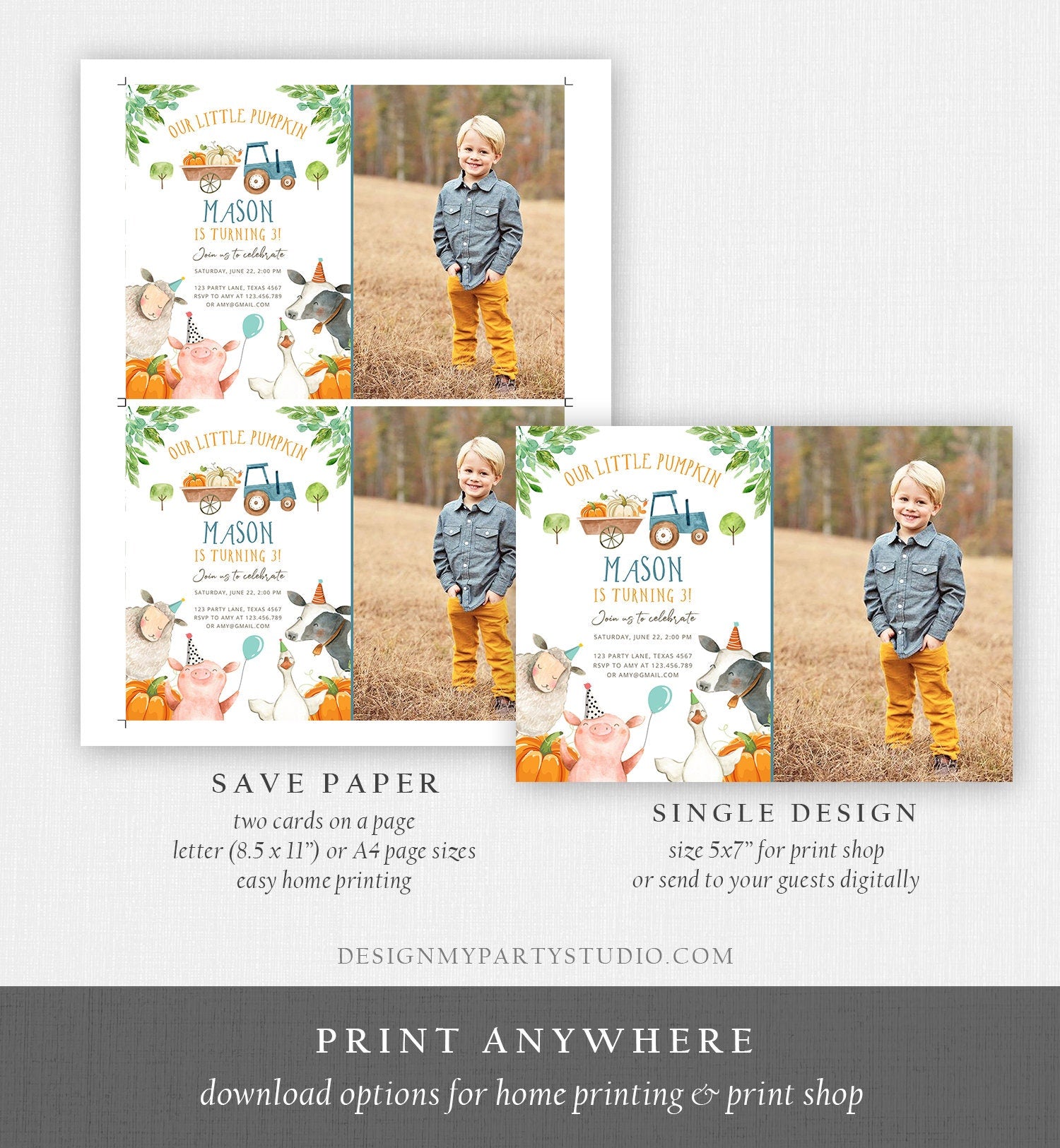 Editable Farm Animals Birthday Invitation Pumpkin Boy Party Animals Boy Barnyard Fall Digital Download Evite Template Printable 0155