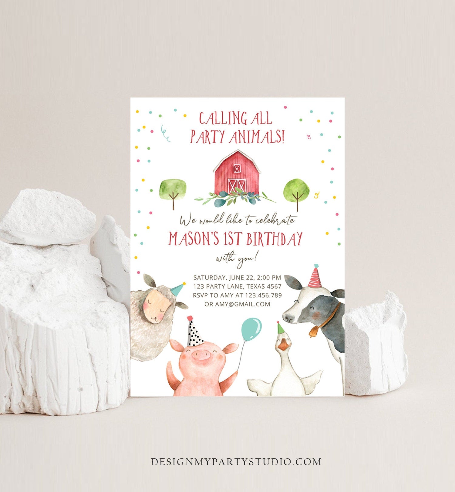 Editable Farm Animals Birthday Invitation Boy Farm Barnyard First Birthday Party Animals Confetti Download Corjl Template Printable 0155